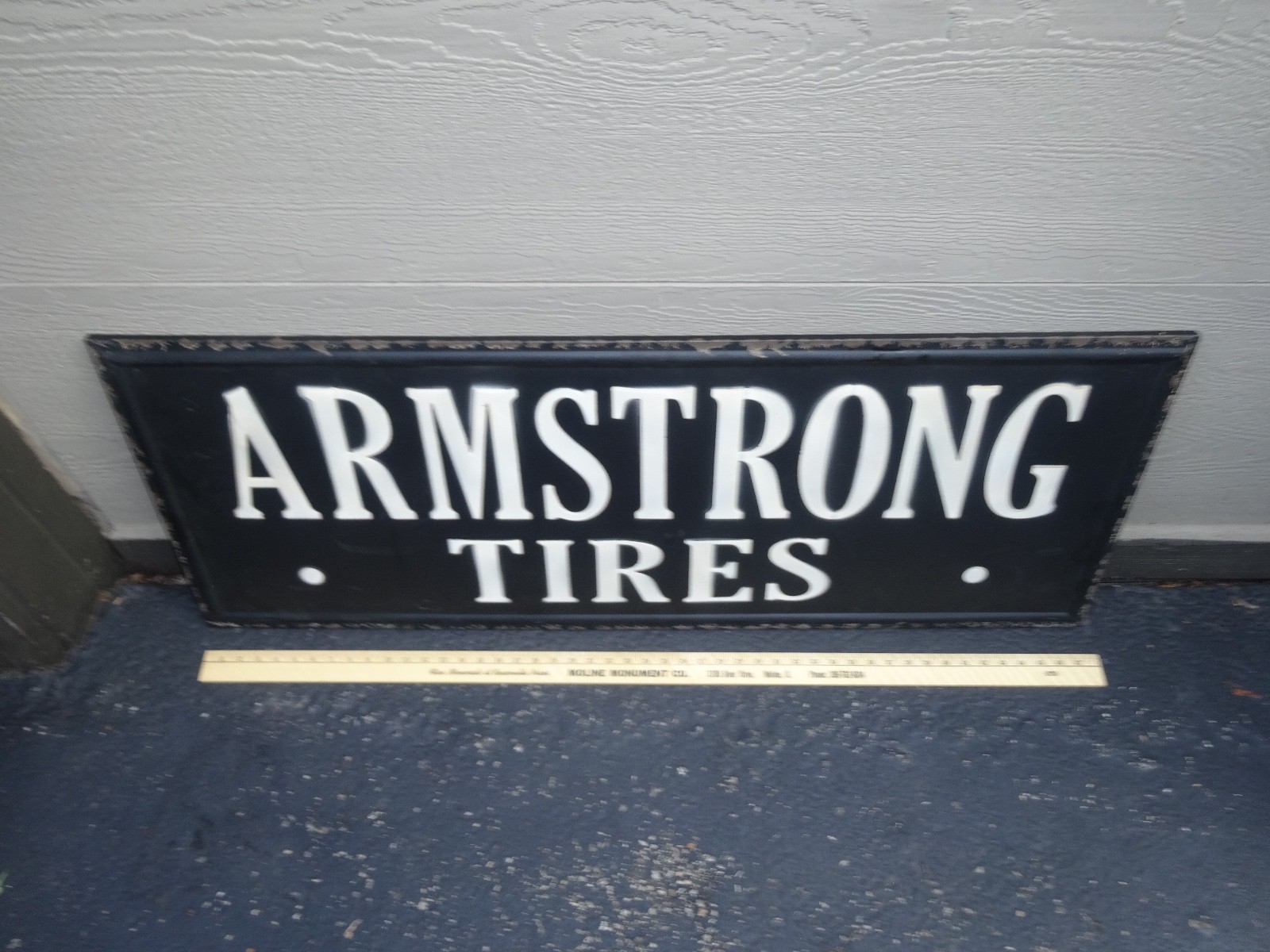 VINTAGE ANTIQUE “ARMSTRONG TIRES” 48″ SELF FRAMED METAL TIRE SIGN! BLACK & WHITE