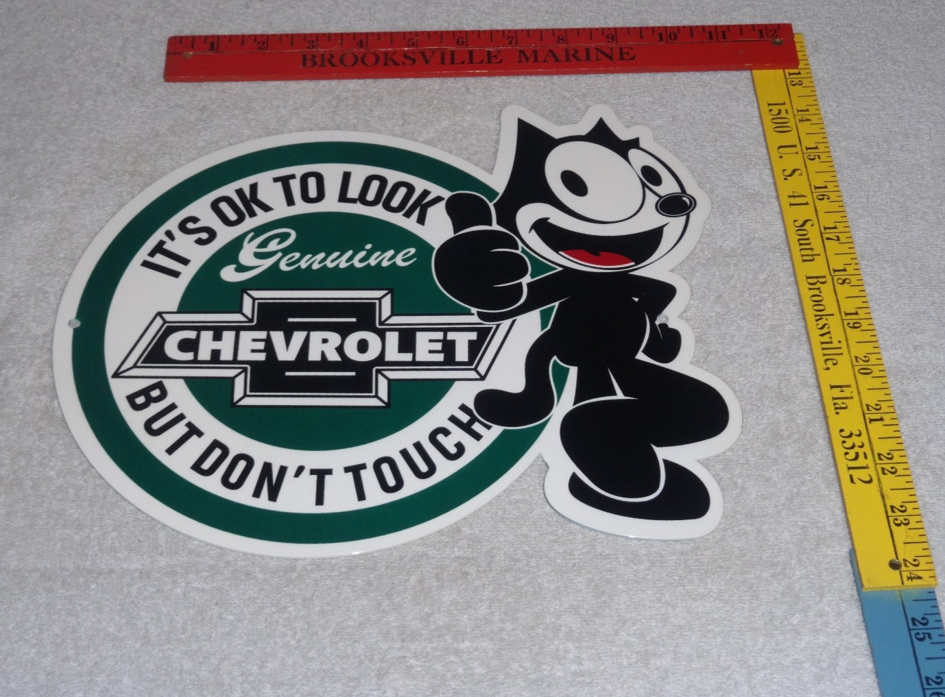 VINTAGE CHEVROLET FELIX THE CAT LOOK DONT TOUCH 12″ CAR TRUCK METAL GAS OIL SIGN