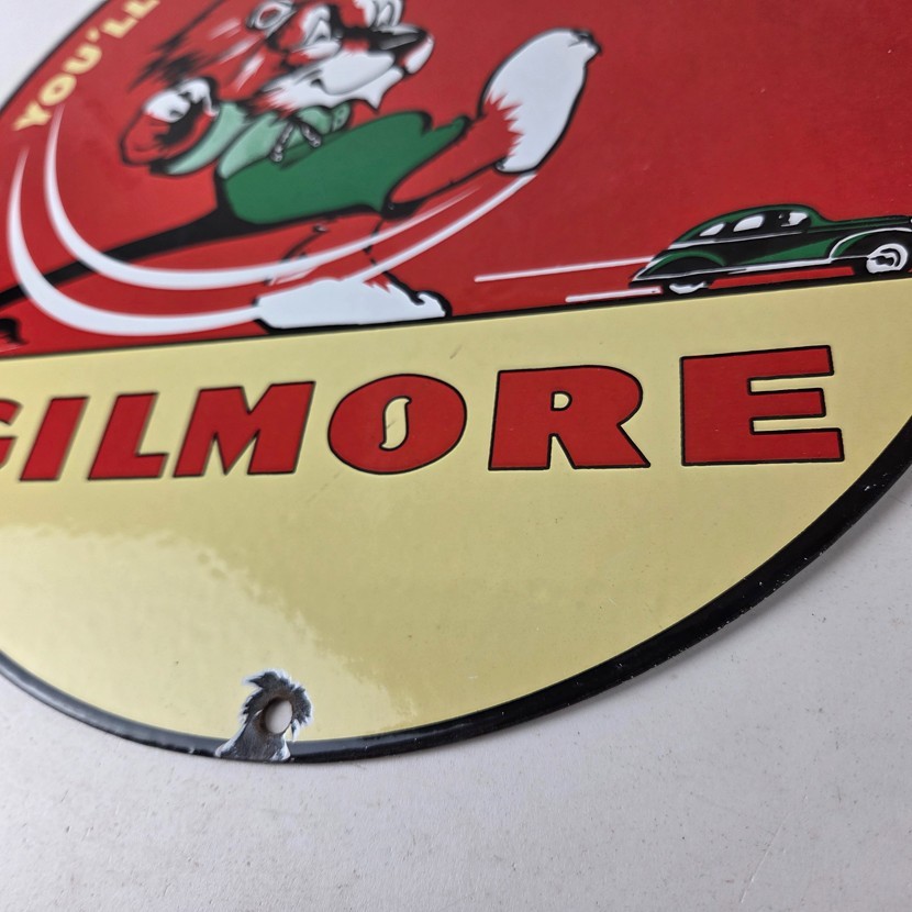 Vintage Gilmore Pump Sign – Porcelain Gasoline Red Lion Service Station Sign
