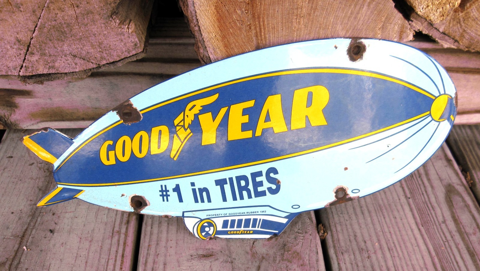 GOOD YEAR TIRES VTG PORCELAIN ENAMEL DIE-CUT BLIMP SALES & SERVICE DEALER SIGN