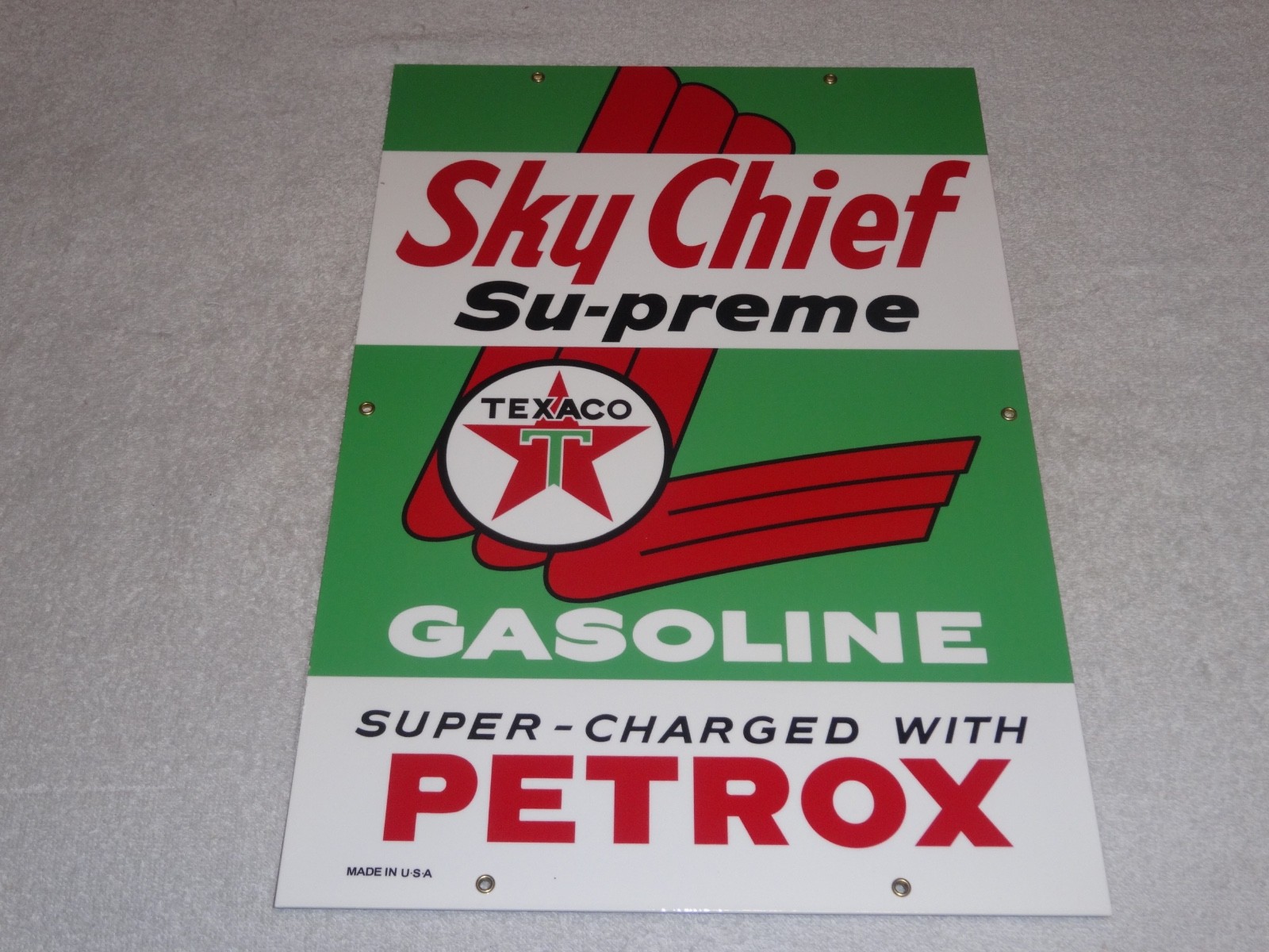 VINTAGE TEXACO SKY CHIEF SUPREME GASOLINE W/ PETROX 18″ PORCELAIN METAL OIL SIGN