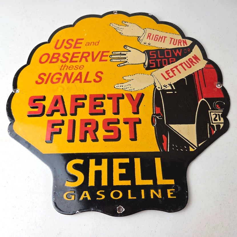 Vintage Shell Gasoline Sign – Safety First Porcelain Gas Pump Plate Sign