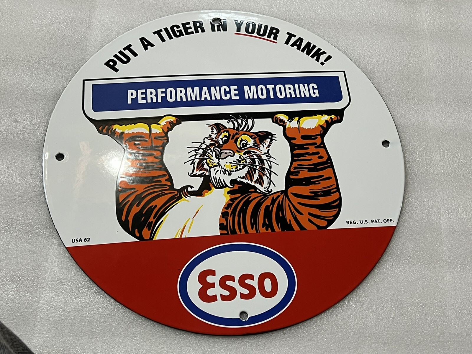 12in Esso Tiger Gasoline￼ PORCELAIN ENAMEL SIGN Motor OIL GAS PUMP PLATE