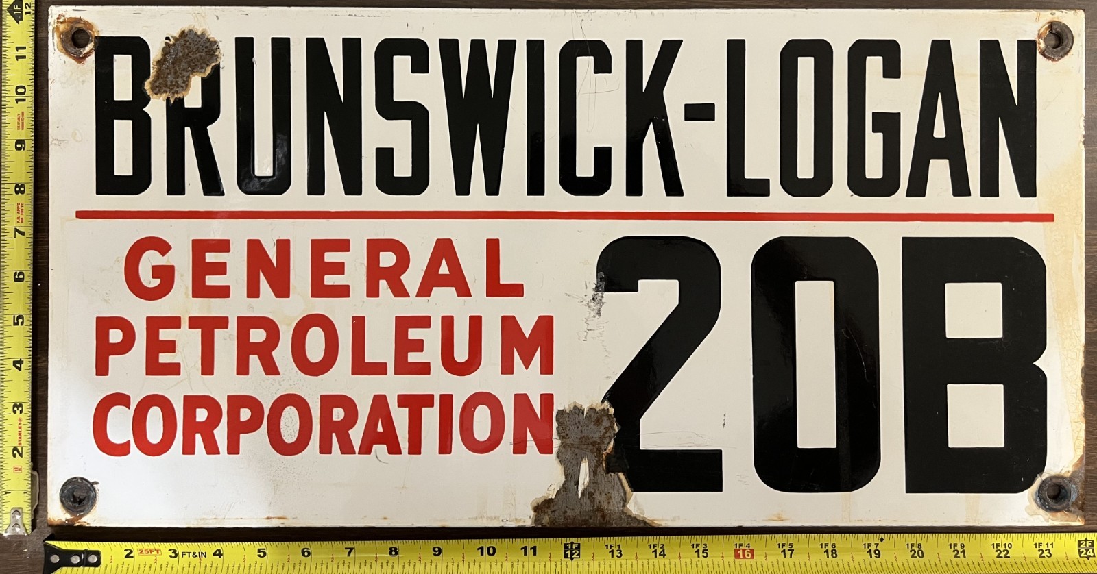 Vintage Porcelain Dbl-Sided Oil Field Sign – General Petro Corp Brunswick-Logan