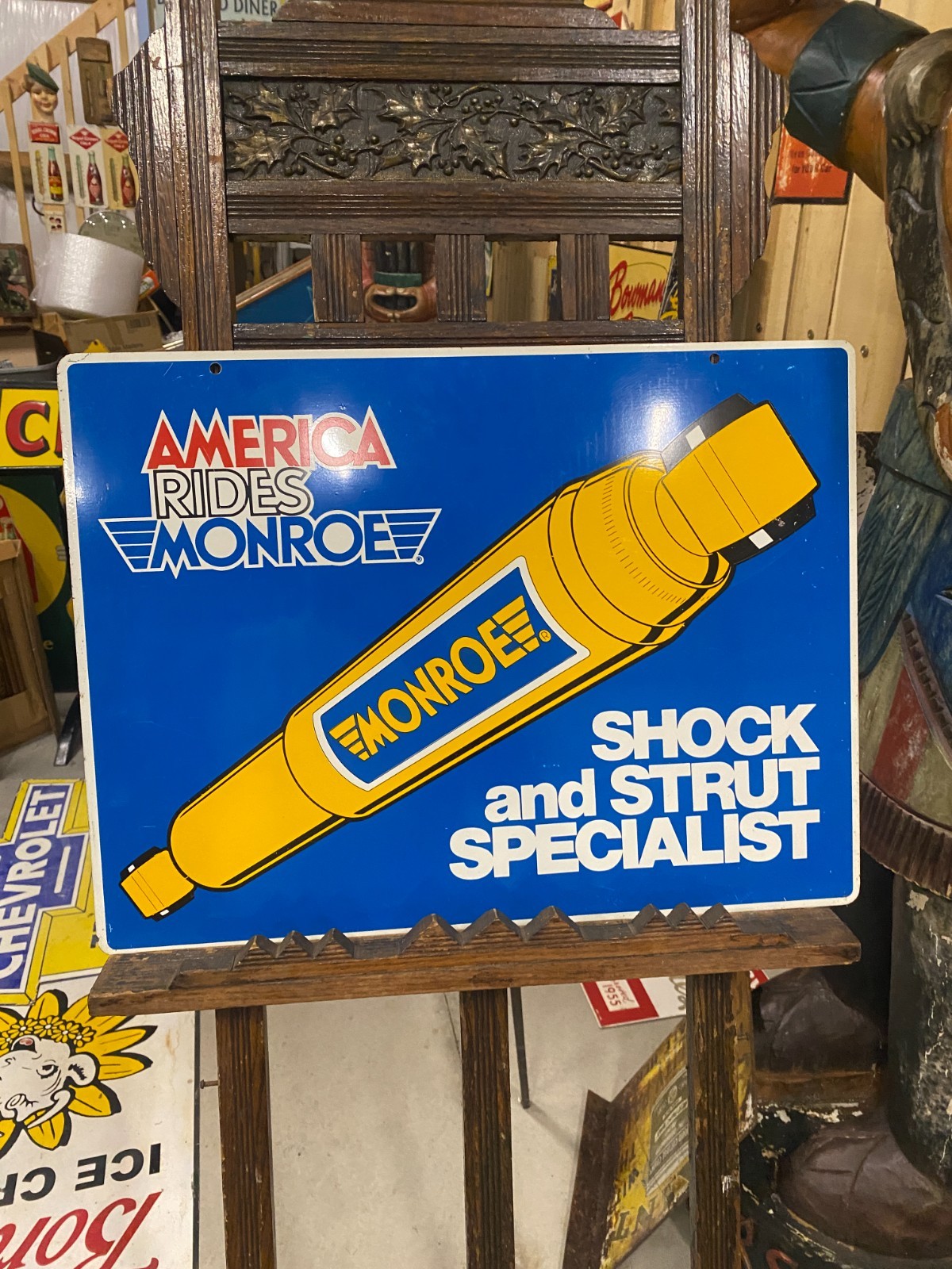 Vintage MINT Double Sided Metal MONROE Shocks Sign 24″ x 18″ DAY ONE GLOSS