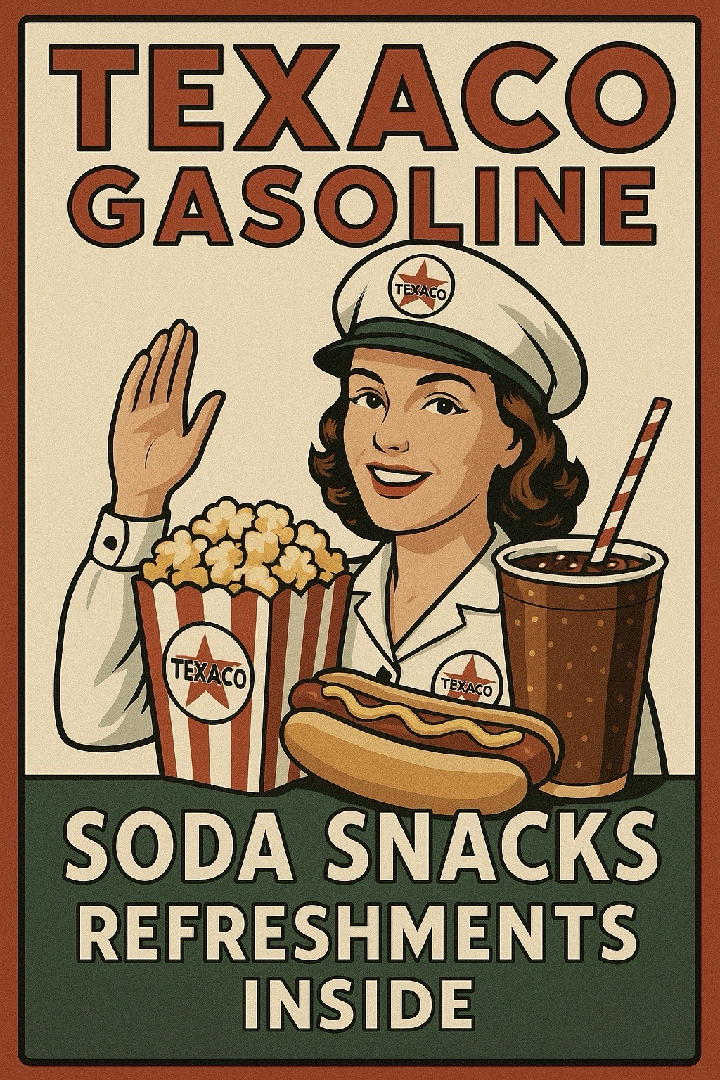 ￼ Texaco Gasoline Store Soda Pop Snacks Advertising Vintage Style Sign