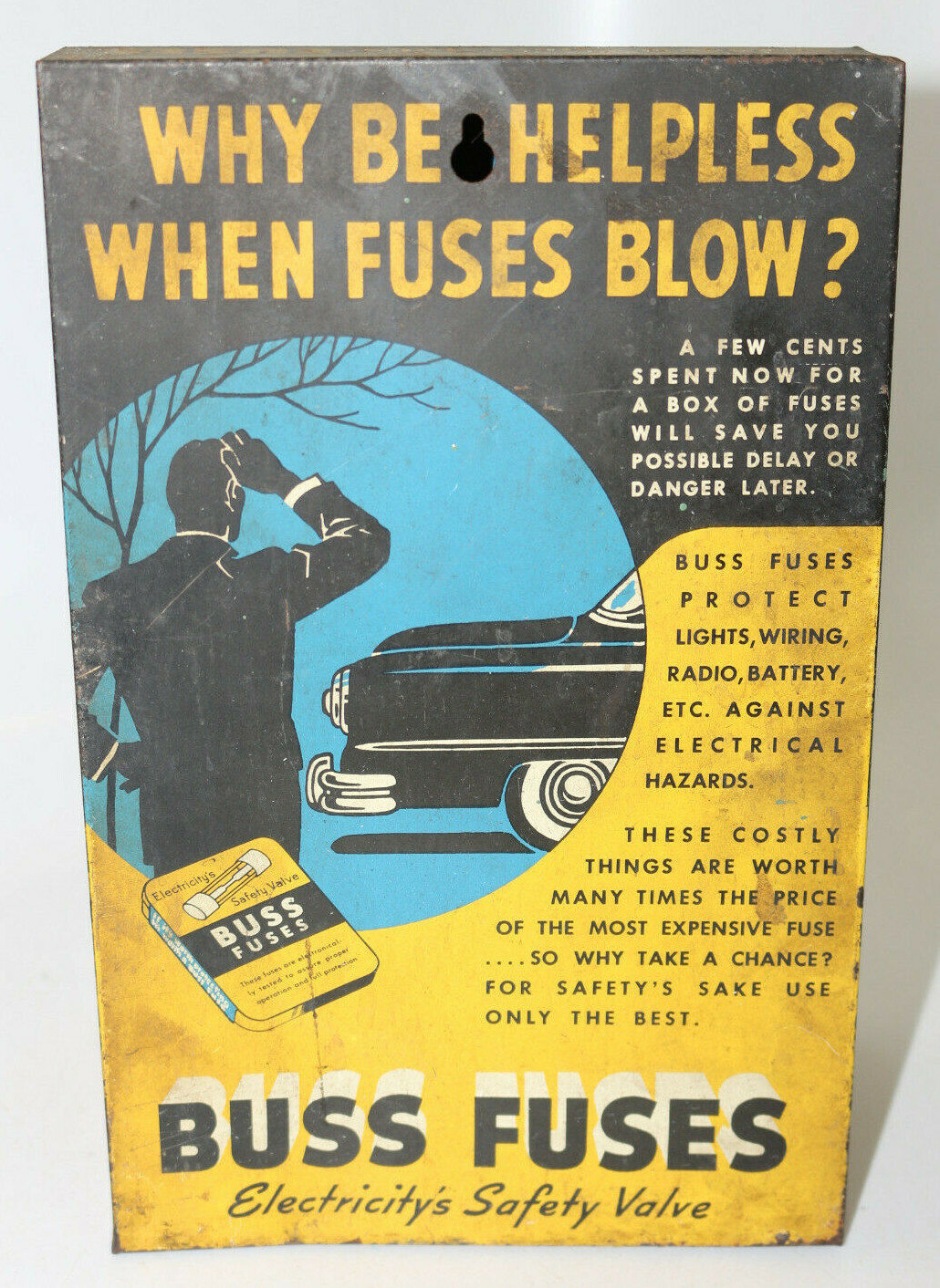 Vintage 1950’s Buss Fuse Countertop Display “Why Be Helpless When Fuses Blow?”
