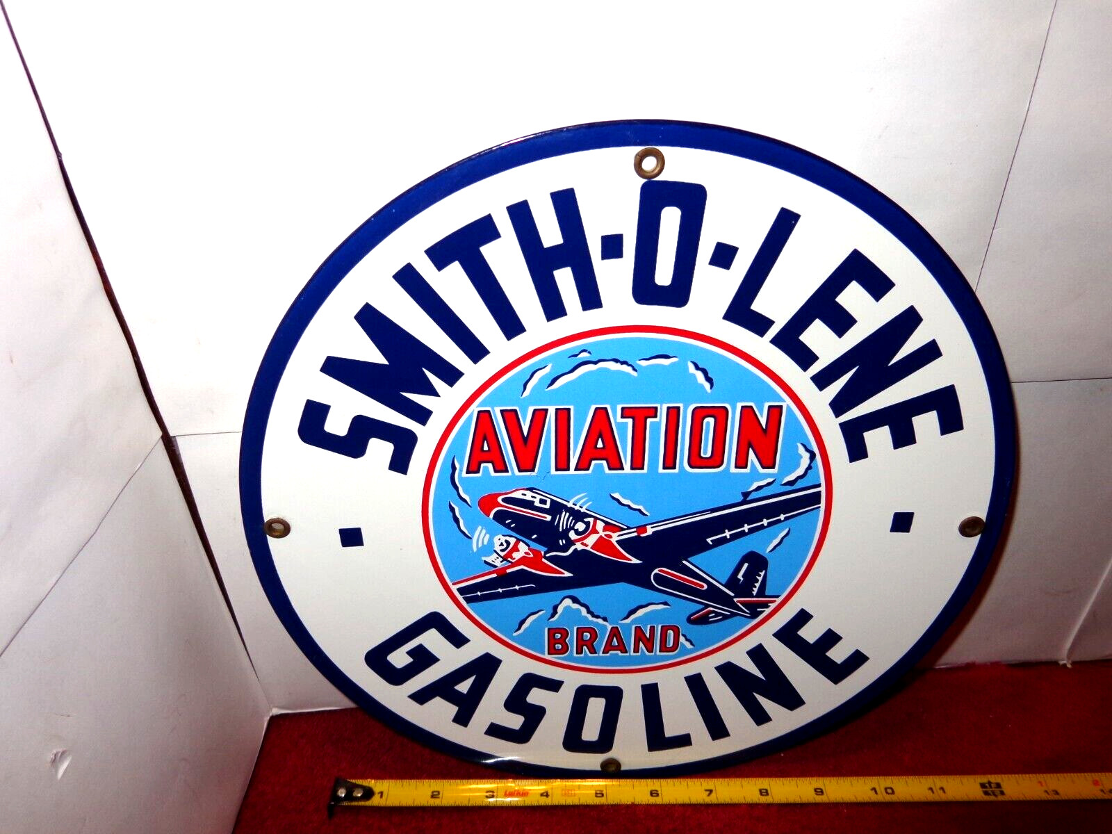 VINTAGE SMITH-O-LENE AVIATION 🛫 AIRPLANE GASOLINE 11 3/4″ PORCELAIN METAL SIGN