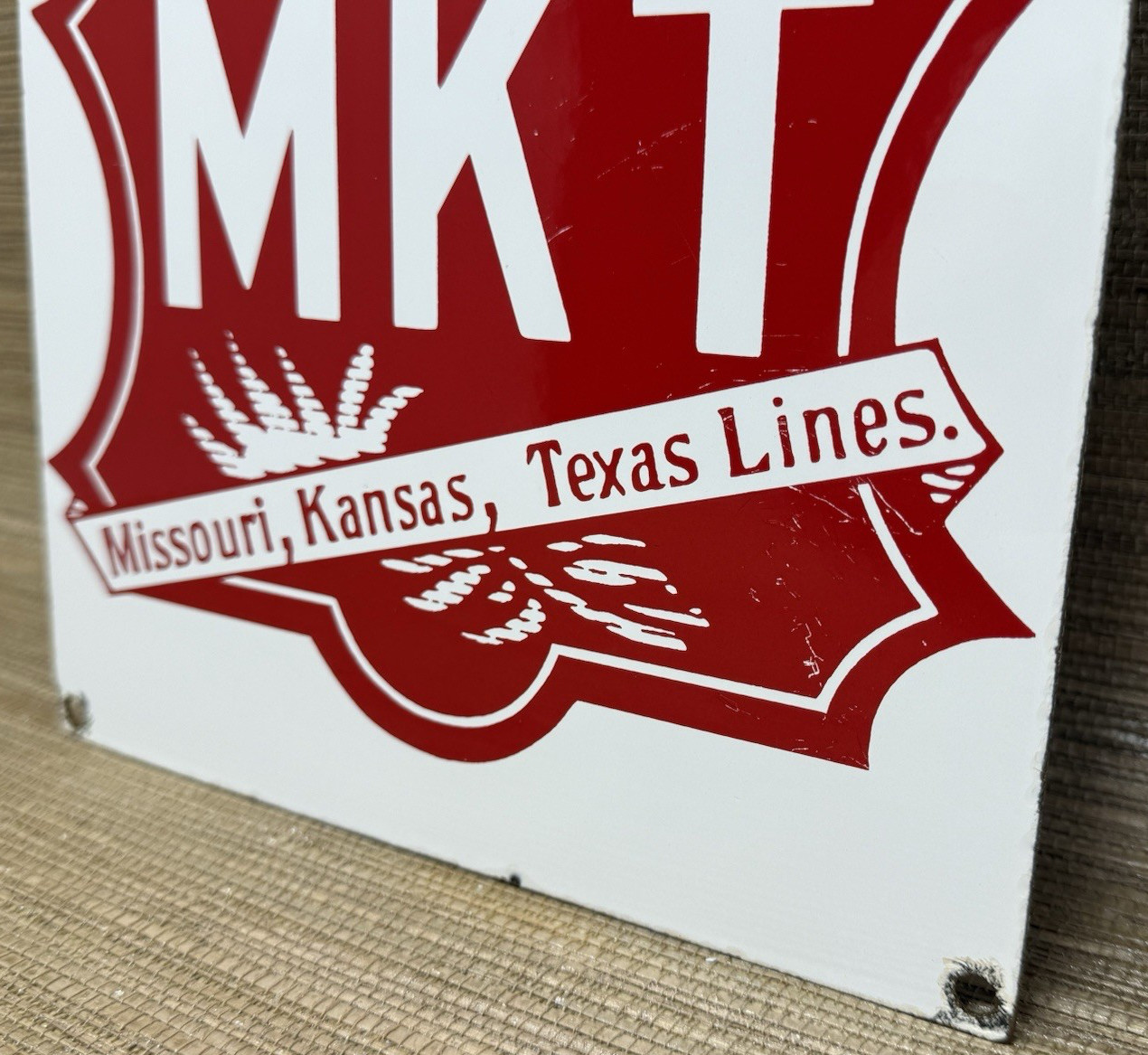 VINTAGE MISSOURI KANSAS TEXAS LINES PORCELAIN SIGN TRAIN STATION GAS OIL RAILWAY