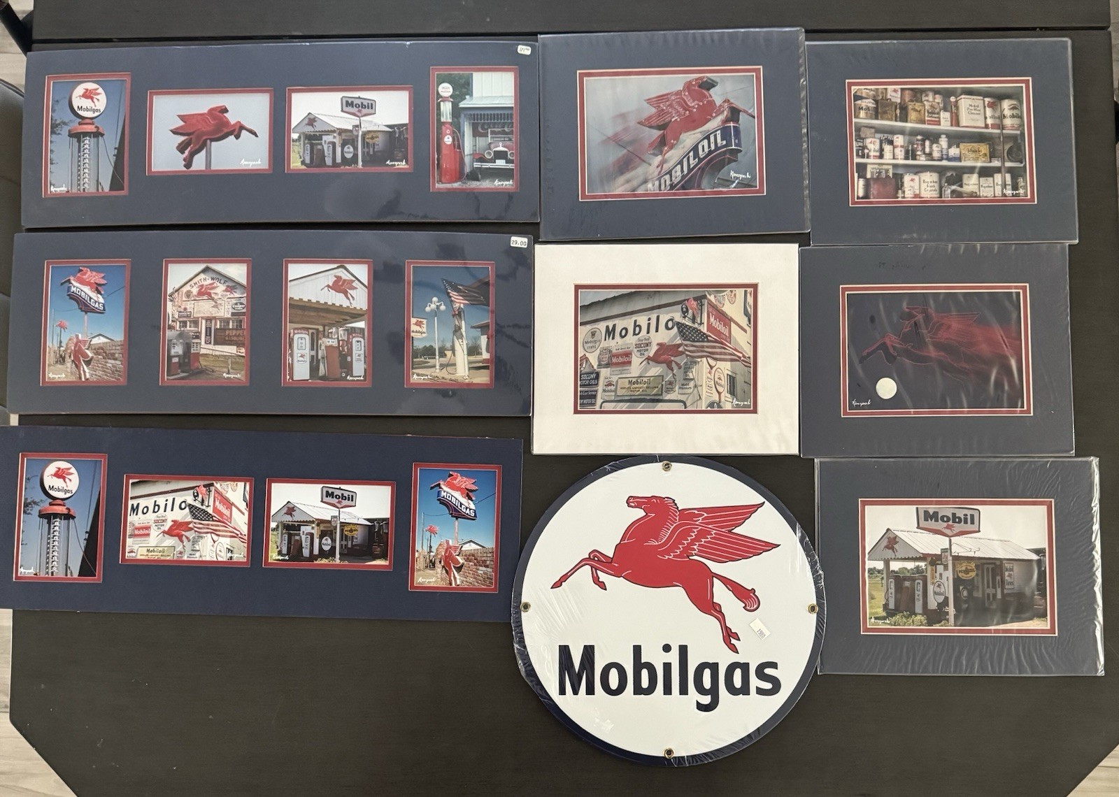 Korczynski Lot of Vintage Mobil Gas Station Photos and Metal Sign
