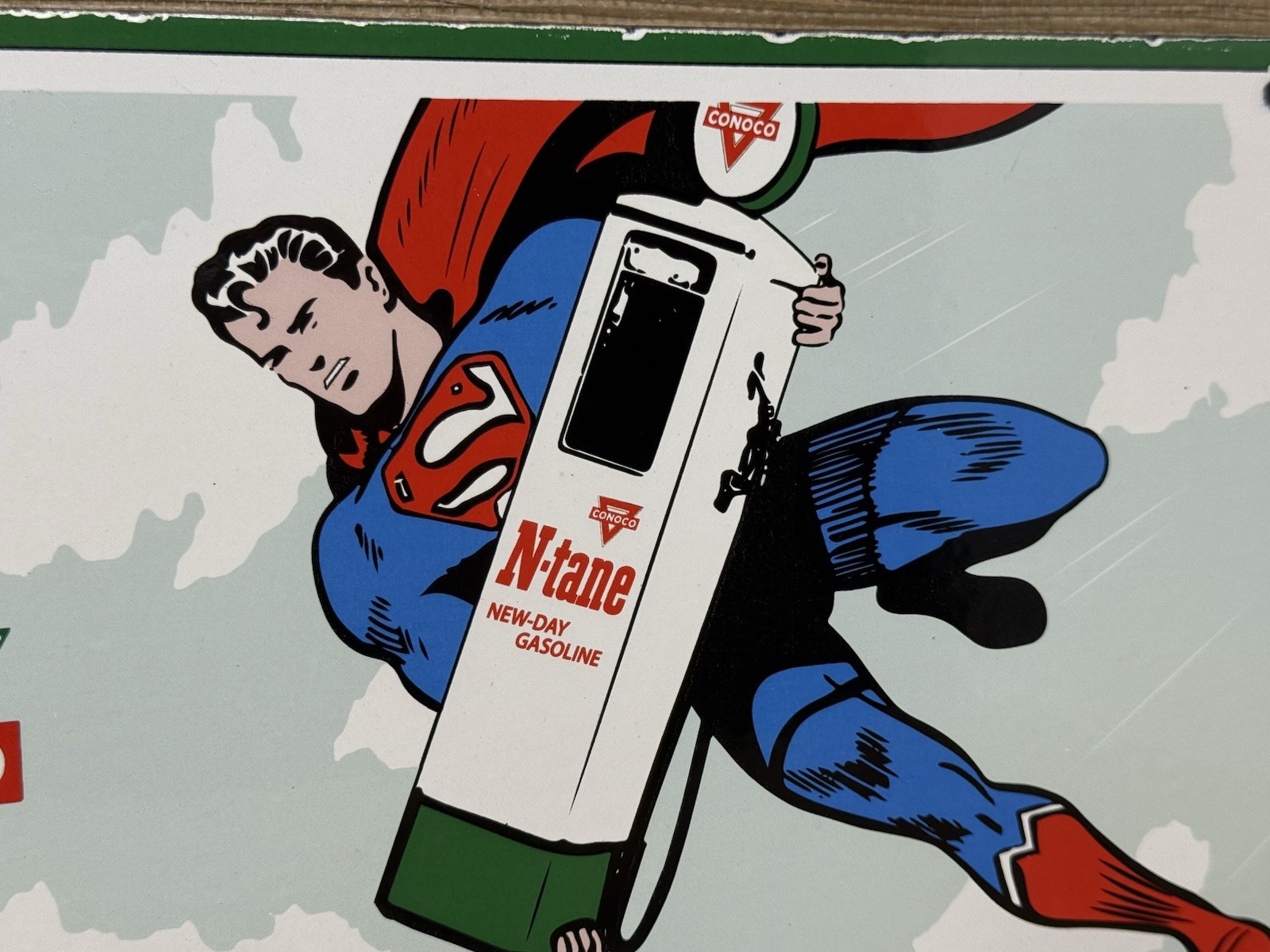 VINTAGE CONOCO SUPERMAN GASOLINE PORCELAIN SIGN GAS STATION PUMP PLATE MOTOR OIL