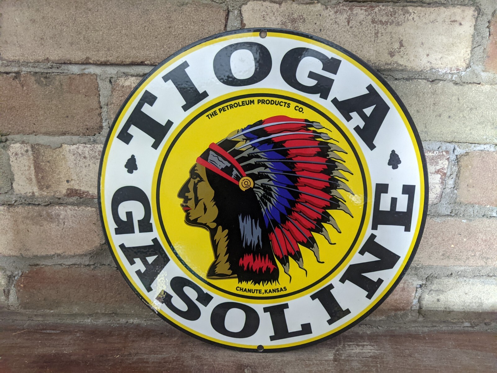 VINTAGE TIOGA GASOLINE PORCELAIN ENAMEL GAS STATION PUMP SIGN 12″