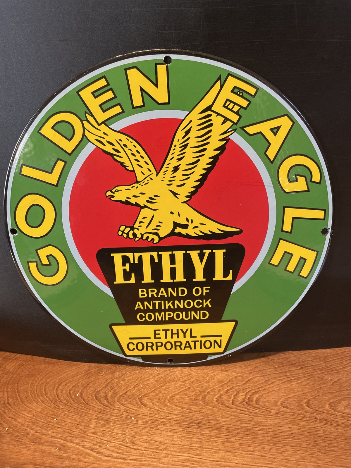 VINTAGE STYLE ”GOLDEN EAGLE ETHYL” GAS & OIL PUMP PLATE 12 INCH PORCELAIN