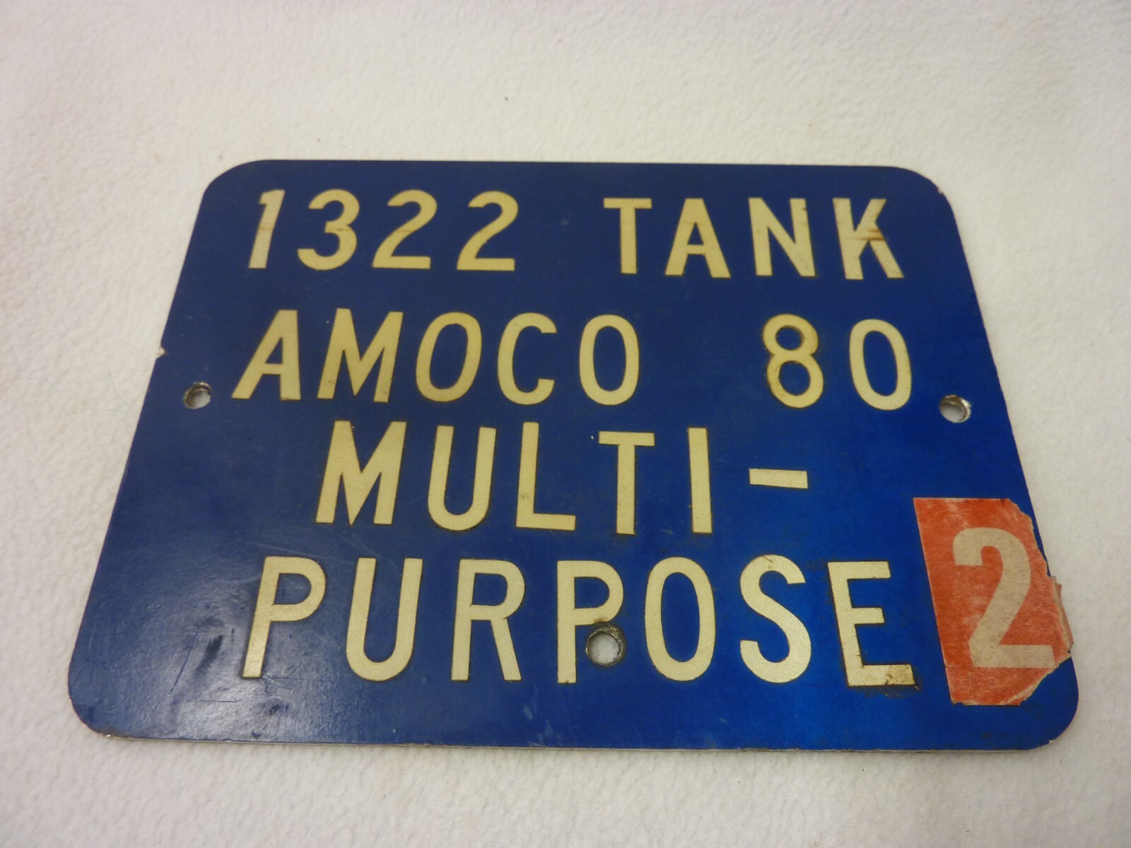 VTG PORCELAIN SIGN 1322 TANK AMOCO 80 MULTI-PURPOSE 2 BLUE WHITE RAISED LETTERS