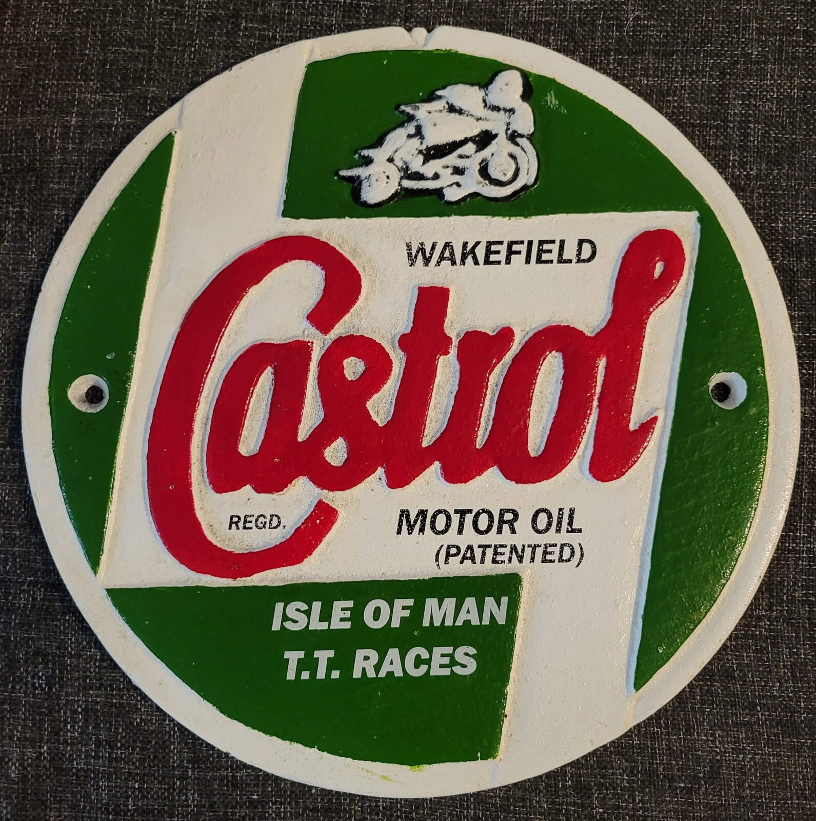 Castrol Wakefield Motor Oil, Isle of Man T.T. Races, Cast Iron Circular Sign 9″