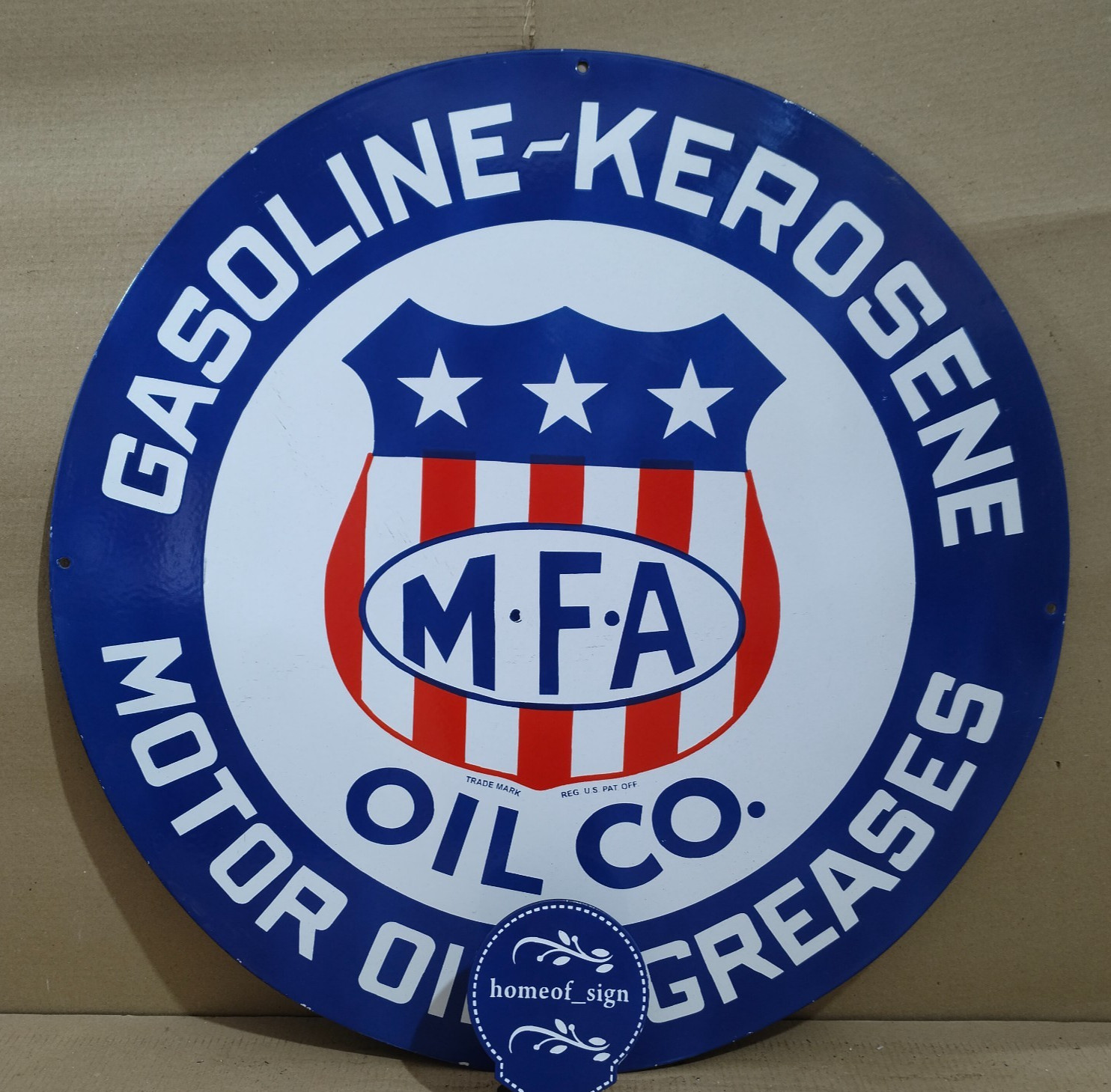M.F.A Gasoline Motor Oil Co. Porcelain Enamel Sign 30 X 30 Inches 1 sides