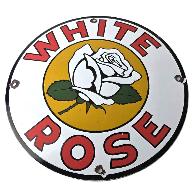 Vintage White Rose Gasoline Sign – Service Station Gas Oil Pump Plate Sign