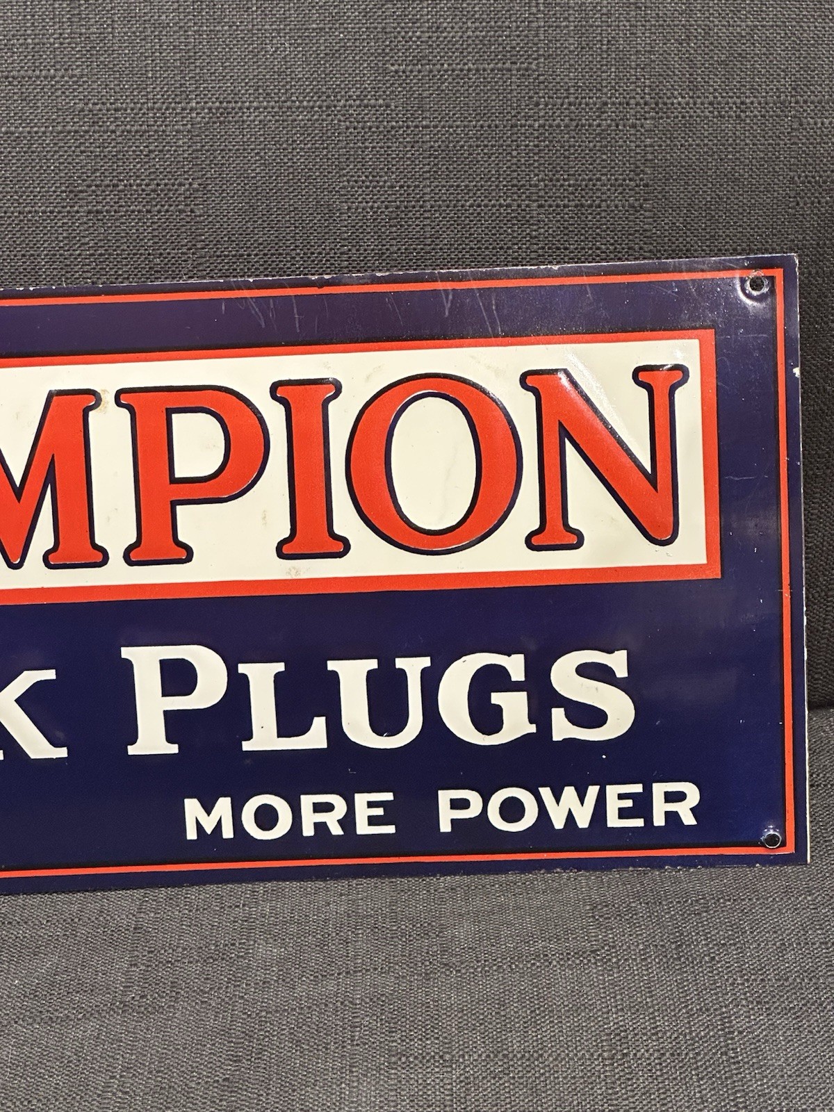 Vintage CHAMPION SPARK PLUG Tin Sign Original Rare Cost Less More Power 15×5.5”