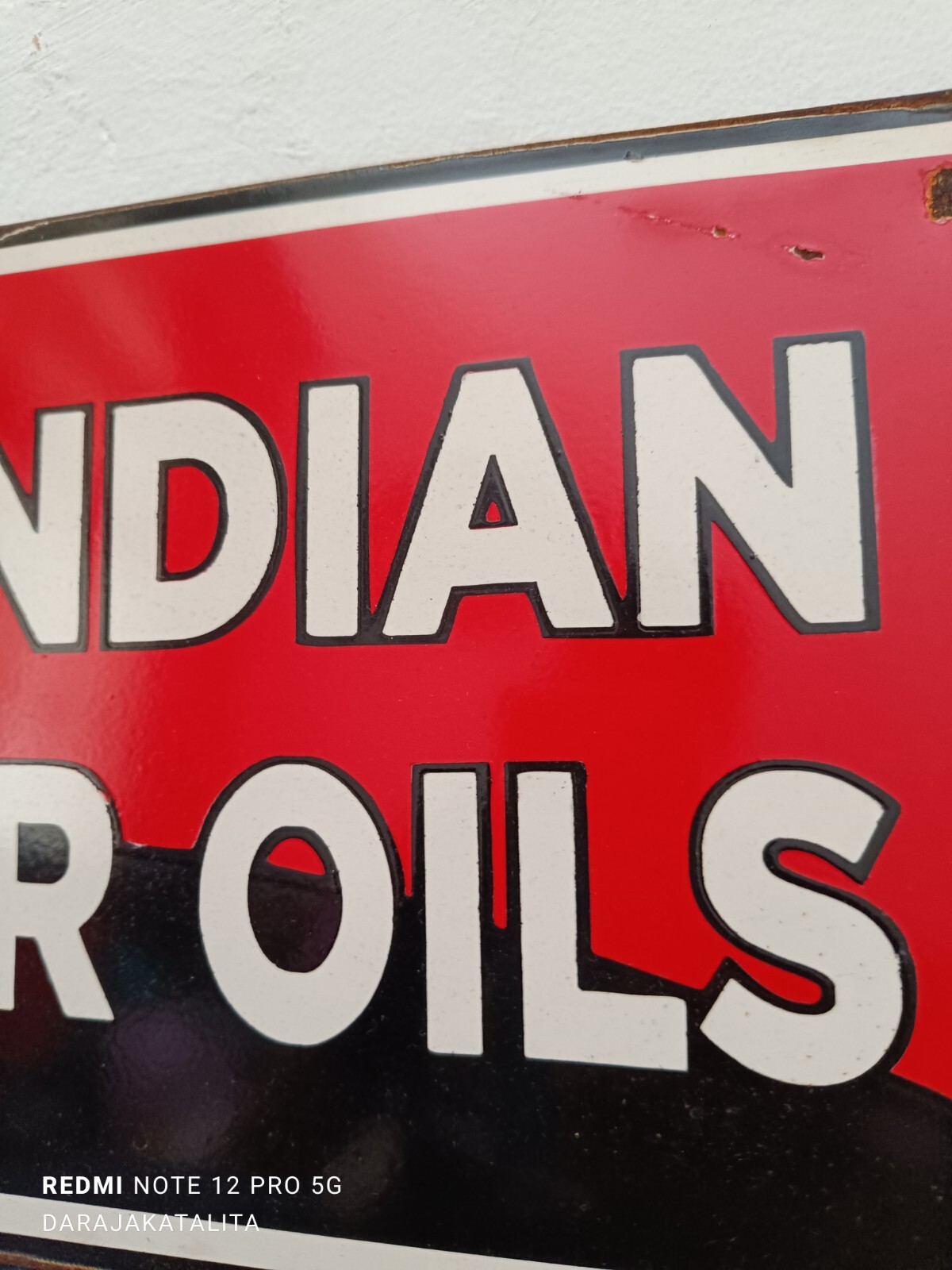 Not Porcelain Red Indian Motor oil Enamel Sign Size 60cm x 21cm Vintage Design