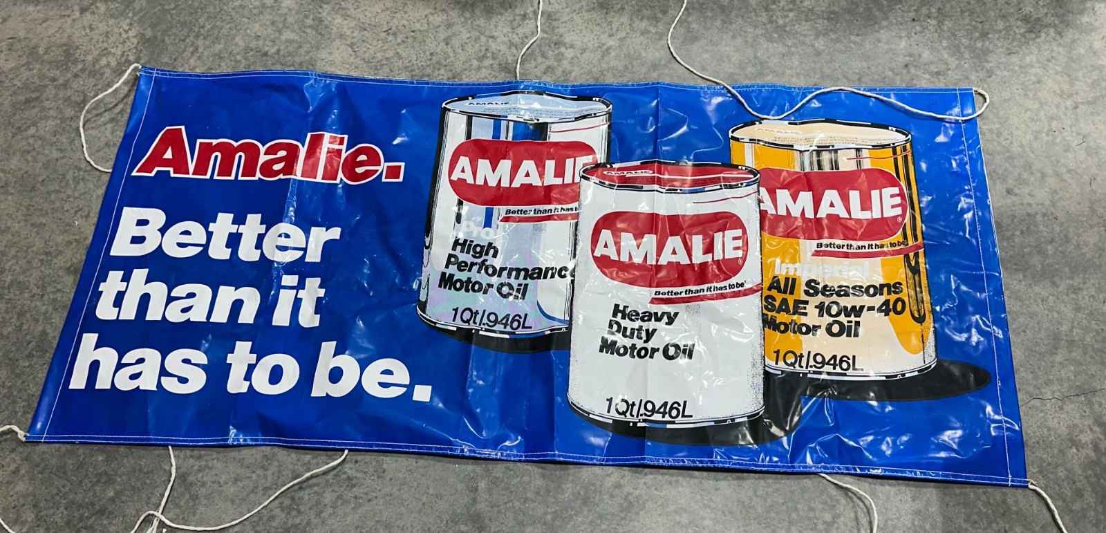 Vtg Amalie Advertising Oil sales Banner oil can graphics 33″ x 72″ collectible