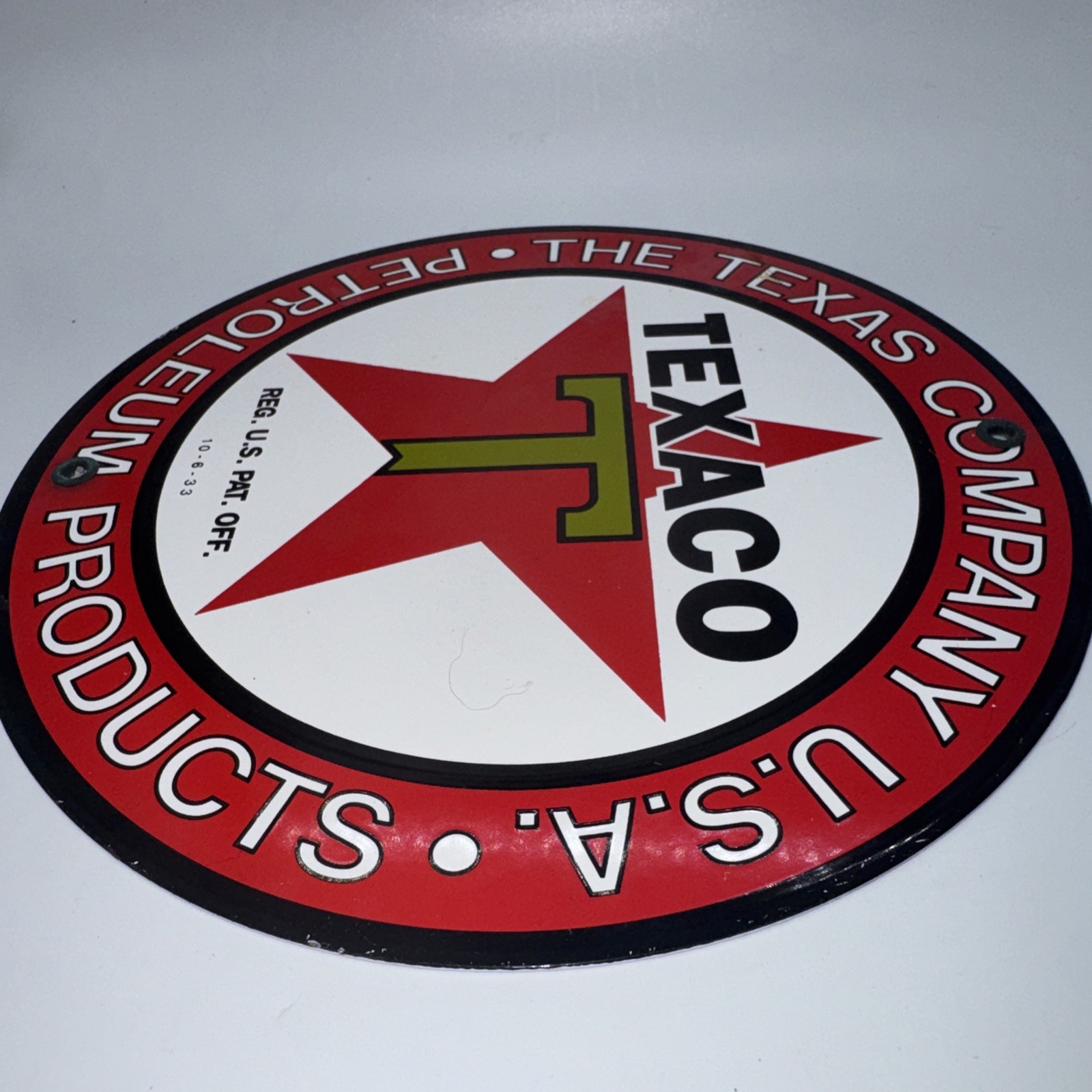 VINTAGE TEXACO GASOLINE / MOTOR OIL PORCELAIN GAS PUMP SIGN 9”