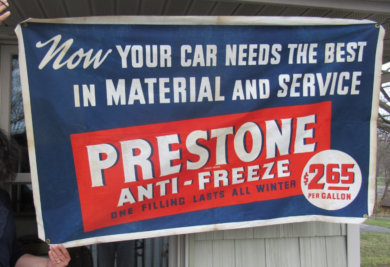 VINTAGE ORIGINAL 1944 PRESTONE ANTI-FREEZE BANNER – SIGN EXCELLENT COND 60×36