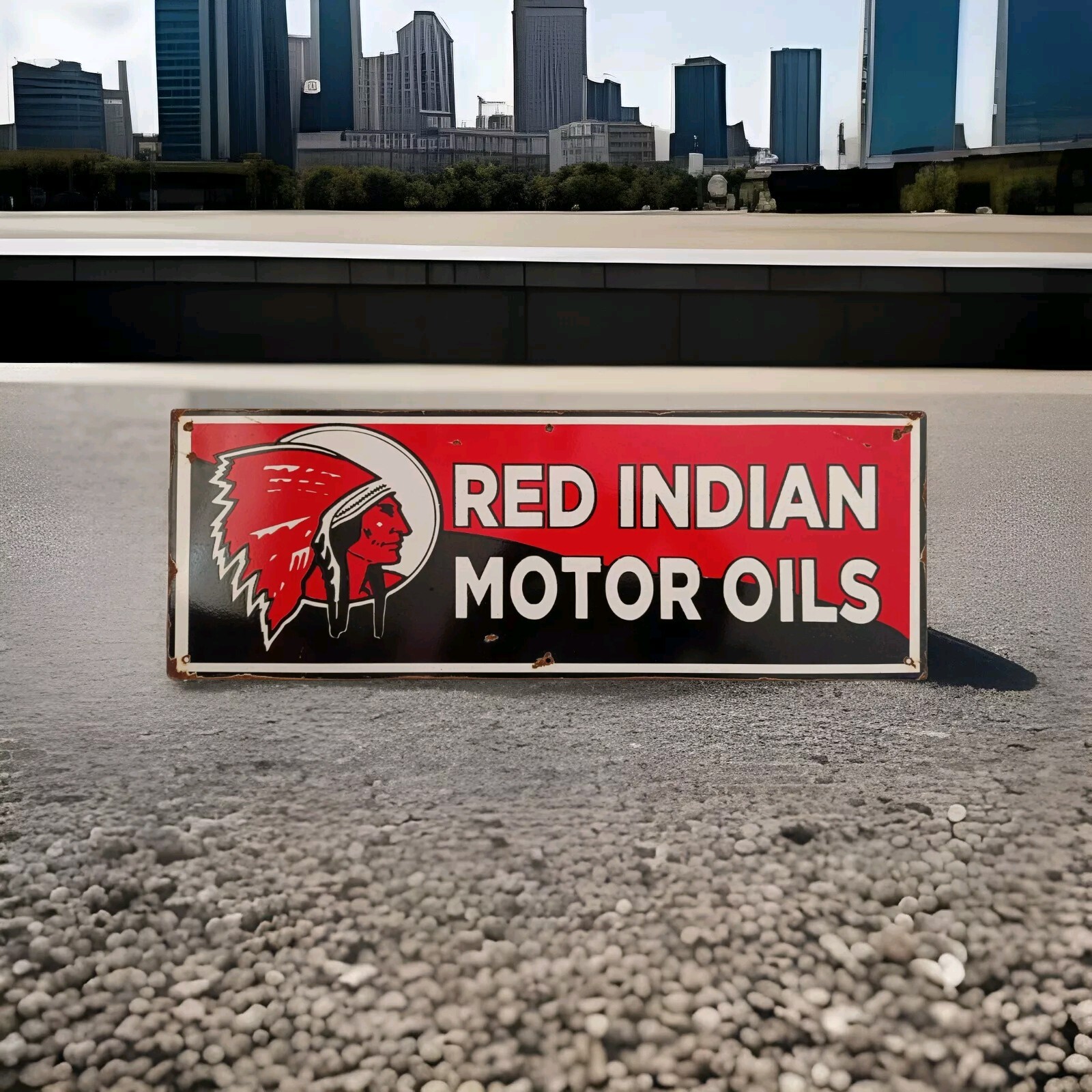 Not Porcelain Red Indian Motor oil Enamel Sign Size 60cm x 21cm Vintage Design