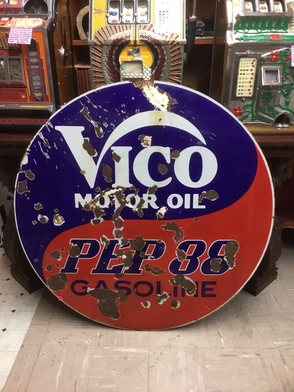 Ultra Rare 1930s 40s Vico Pep88 Gasoline Double Sided Porcelain Sign 42 inches.