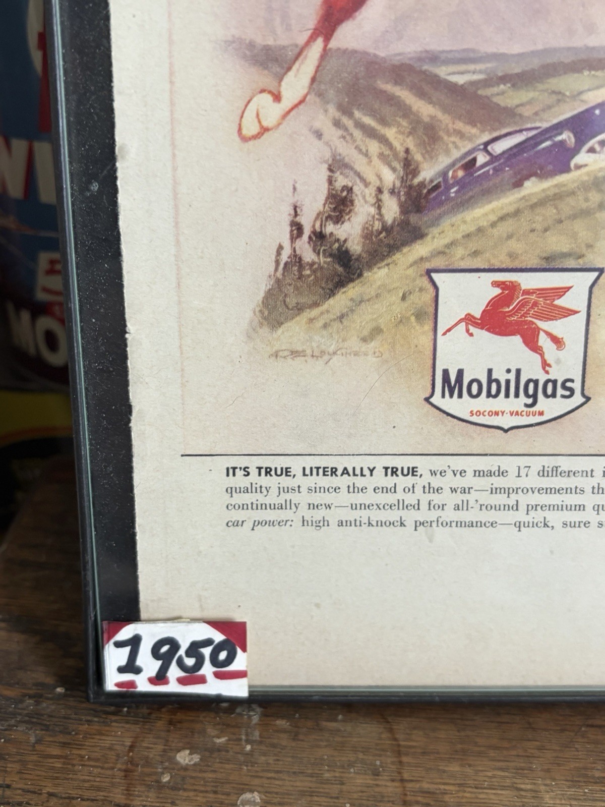 1950 Mobil Gas Framed Pegasus Orignal Sign Antique Old Mobilgas Motor Oil Shield