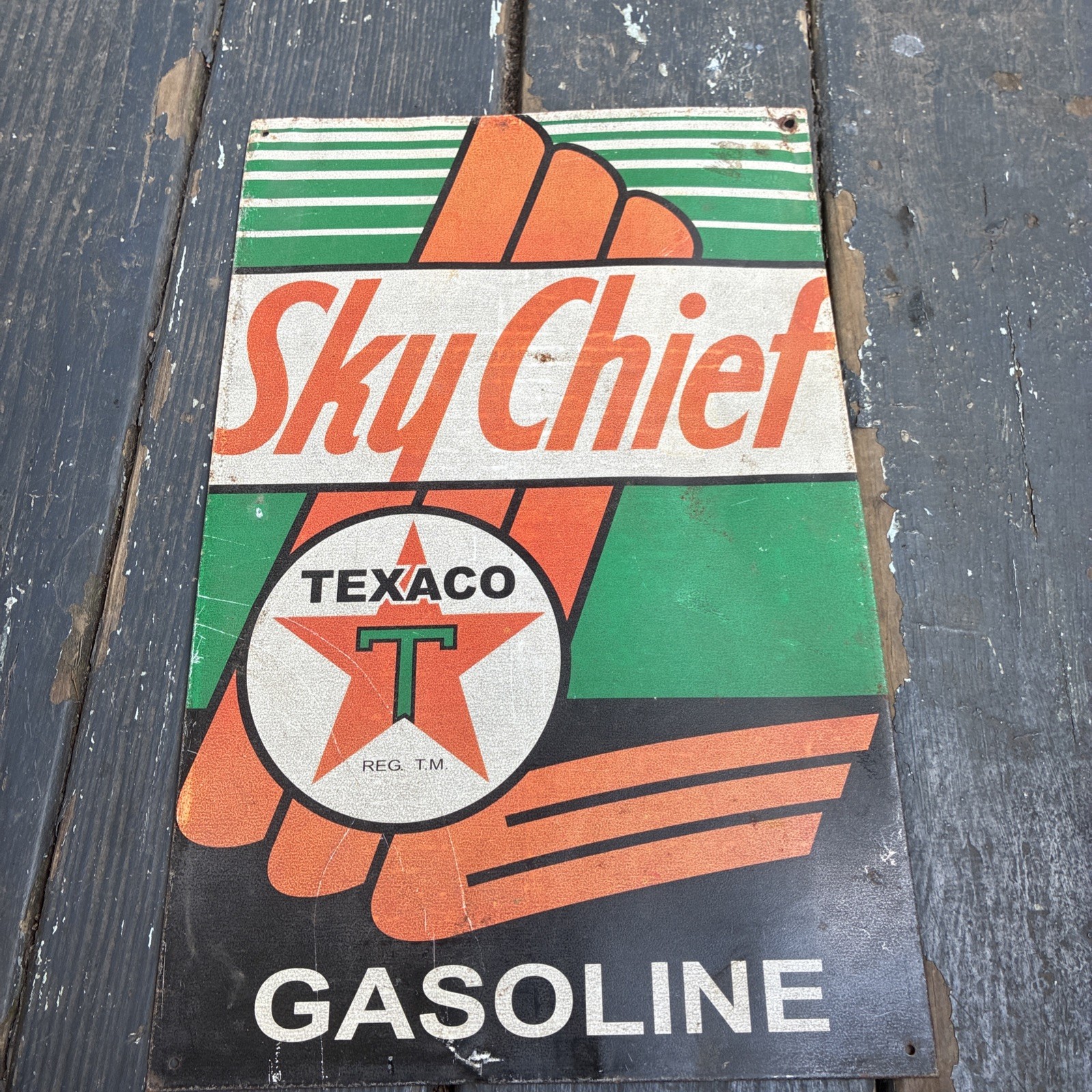VINTAGE 18” 1950 TEXACO SKY CHIEF PORCELAIN SIGN CAR GAS TRUCK OIL MOTORCYCLE