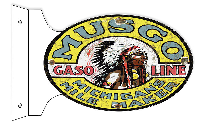 MUSGO GASOLINE MICHIGANS MILE 18″ HEAVY DUTY USA METAL DOUBLE SIDED GAS ADV SIGN