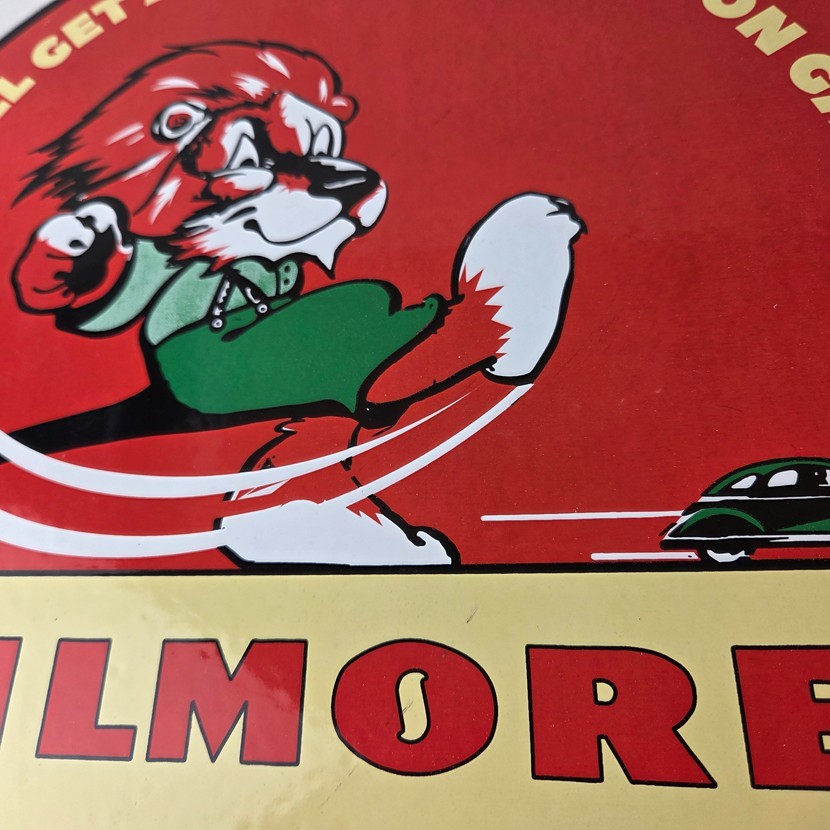 Vintage Gilmore Pump Sign – Porcelain Gasoline Red Lion Service Station Sign
