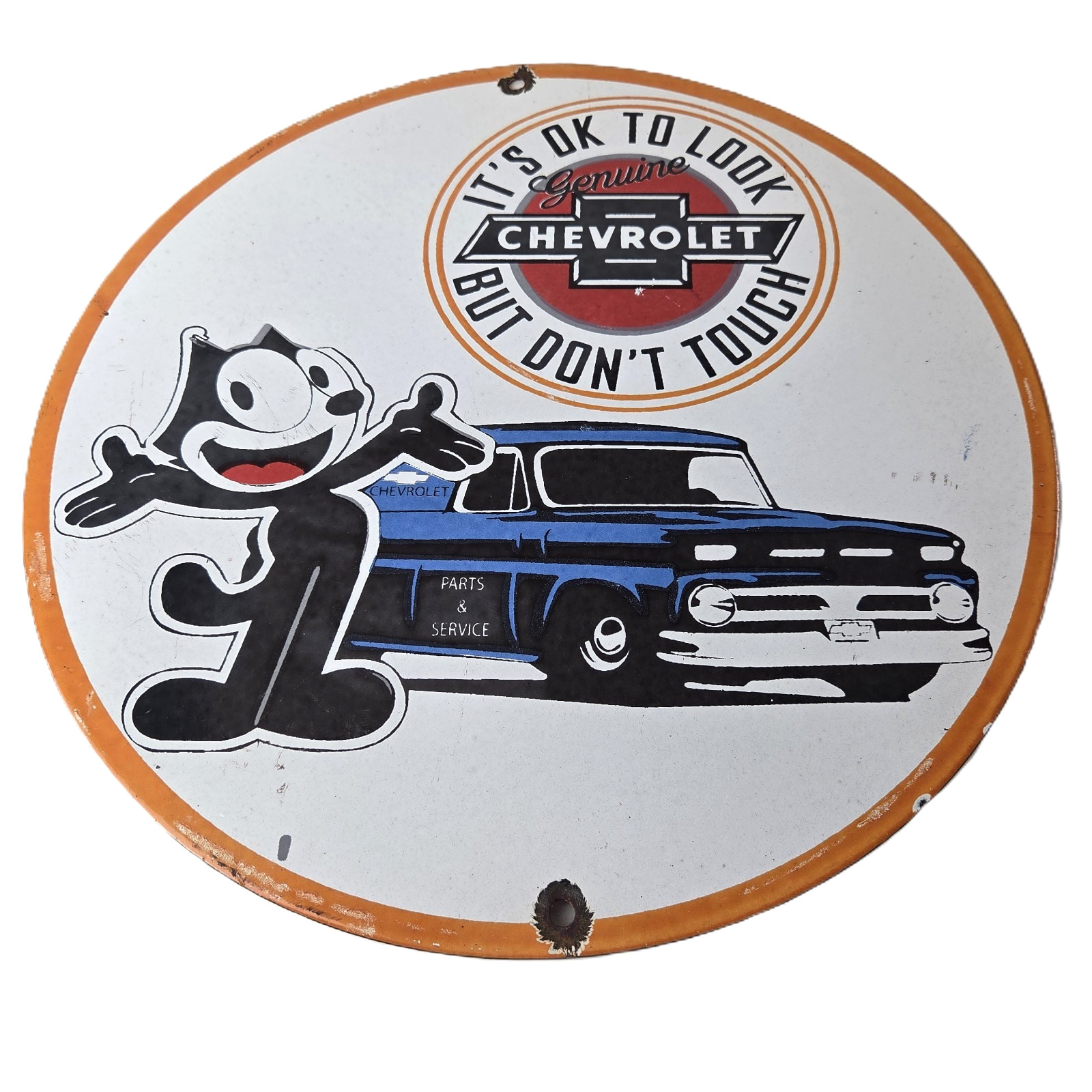 Vintage Chevrolet Sign – Felix Dont Touch Automobile Gas Pump Porcelain Sign