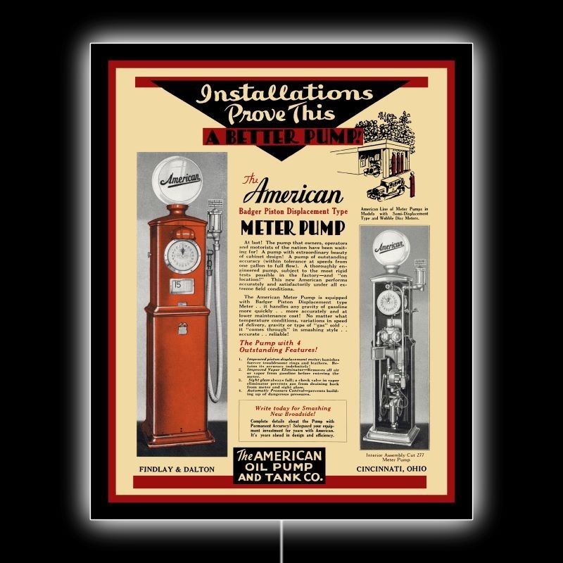 1932 American Meter Badger Piston Gas Pump NEW LED Hanging Lighted Sign: 18×23″