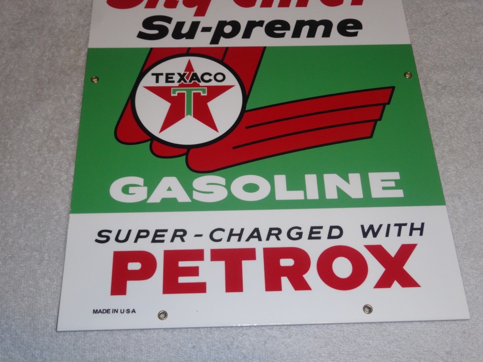 VINTAGE TEXACO SKY CHIEF SUPREME GASOLINE W/ PETROX 18″ PORCELAIN METAL OIL SIGN
