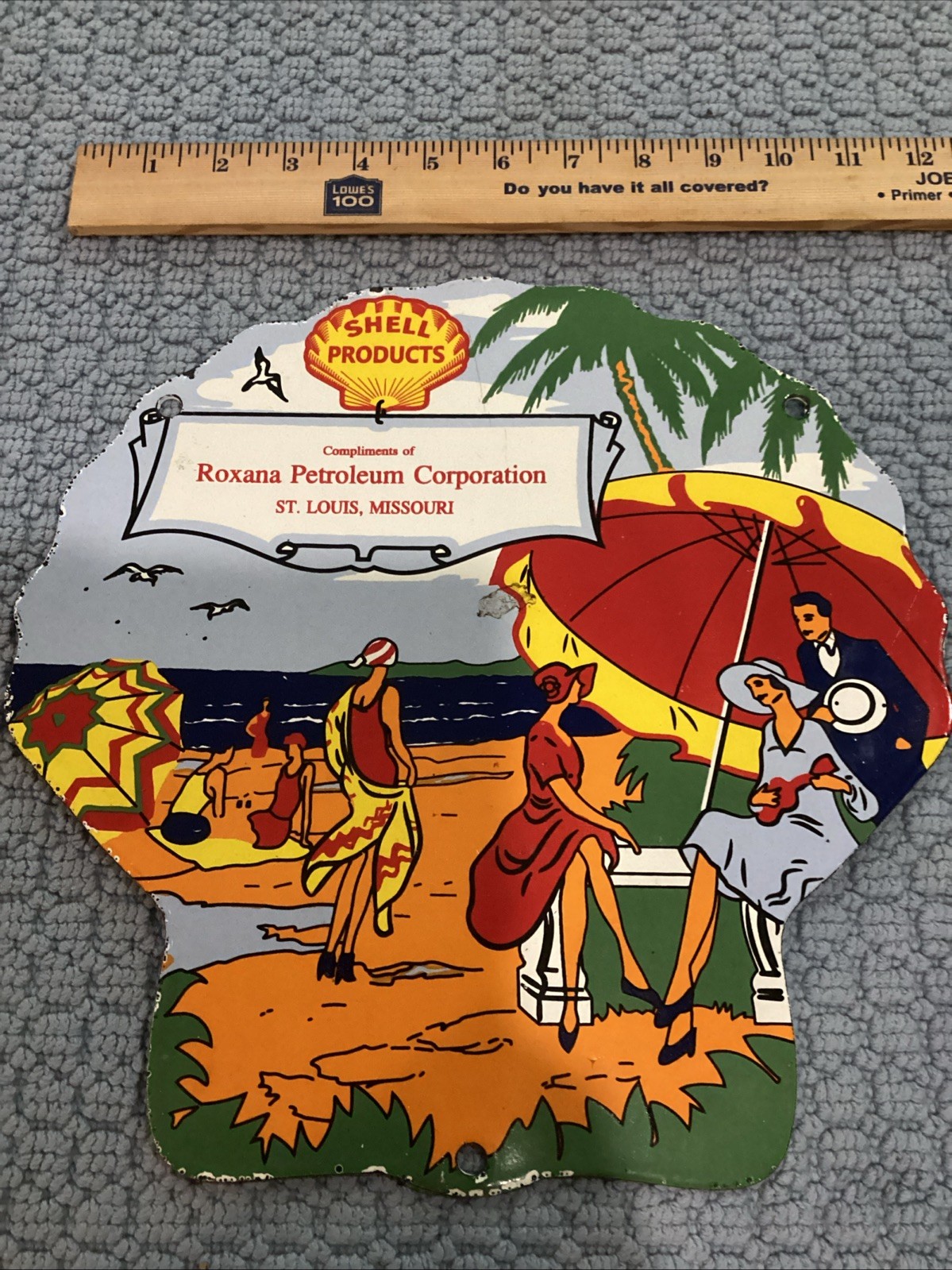 Vintage Shell Gasoline Sign – Roxana Shell Clam Beach Gas Pump Porcelain Sign A1