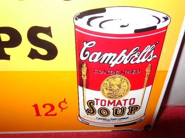 13 x 7 in CAMPBELL`S SOUPS 12 CENTS ADVERTISING SIGN HEAVY DIE CUT METAL # S 160