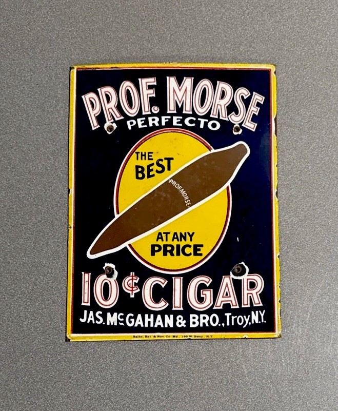 VINTAGE 12” PROFESSOR MORSE CIGAR PORCELAIN SIGN CAR OIL GAS MOTORCYCLE TRUCK