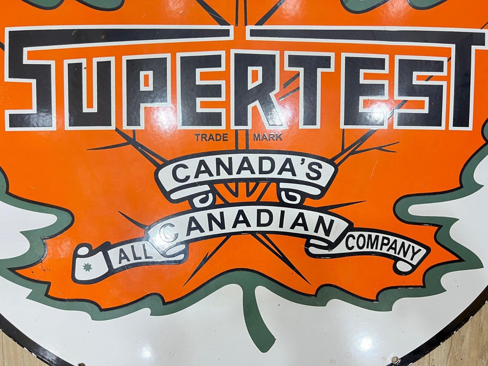 CANADA’S SUPERTEST 30 INCH DIAMETER PORCELAIN ENAMEL SIGN SINGLE SIDED