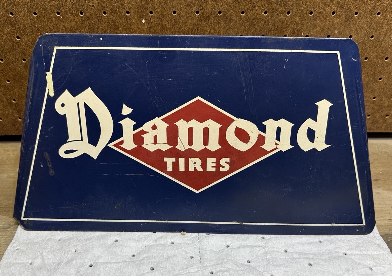 VINTAGE ADVERTISING DIAMOND TIRES METAL SIGN DISPLAY RACK STAND