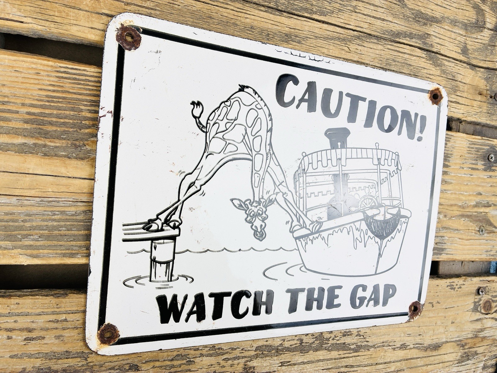 VINTAGE 12×9″ CAUTION! WATCH THE GAP OIL PORCELAIN PUMP STATION GASOLINE SIGN