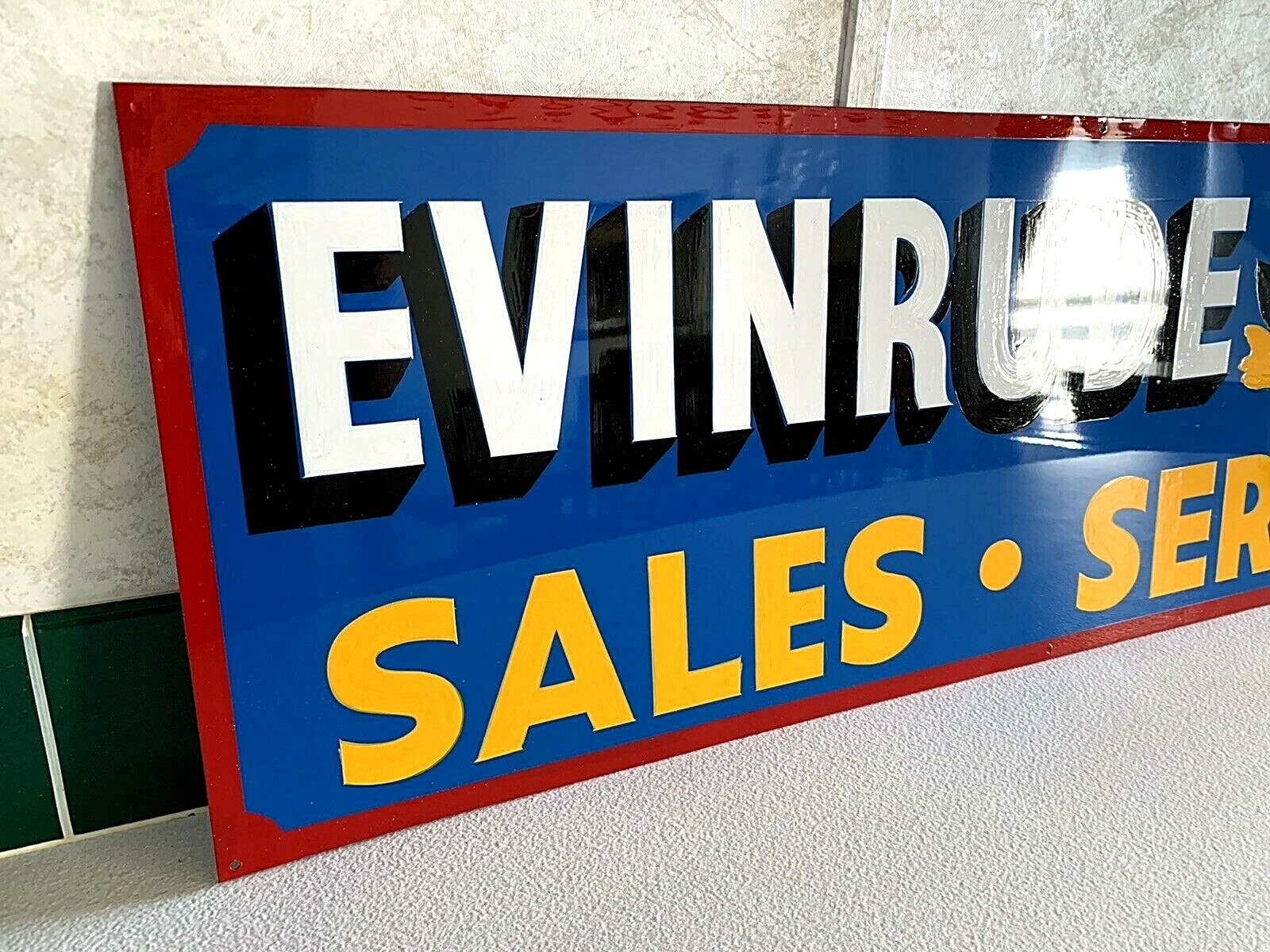 36” Vintage Hand Painted Evinrude Boat Parts Service Shop Sign Fishing Gas Oil