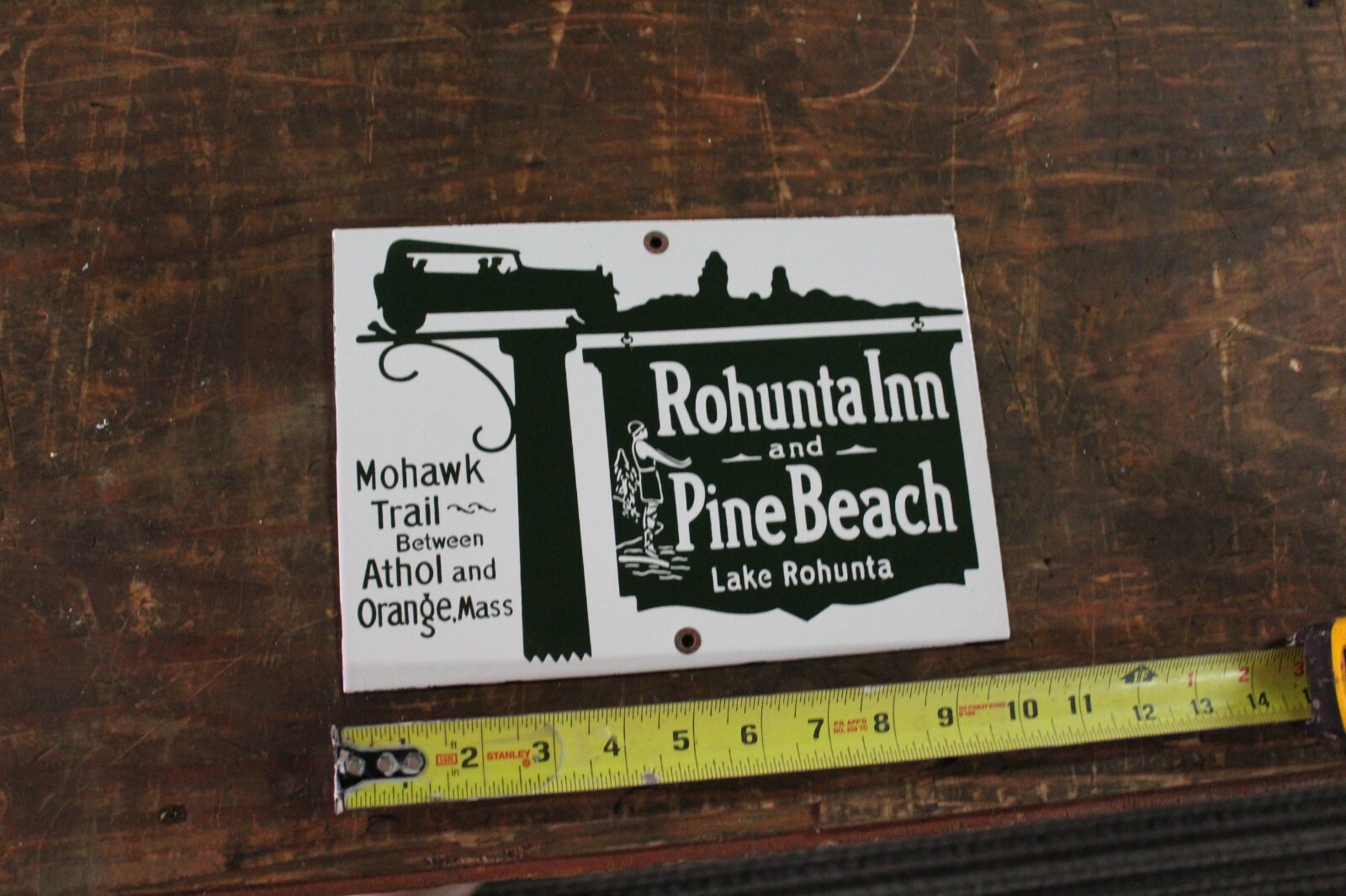 MOHAWK TRAIL PINE BEACH ROHUNTA INN PORCELAIN METAL SIGN MASS GAS OIL CAMPING 66