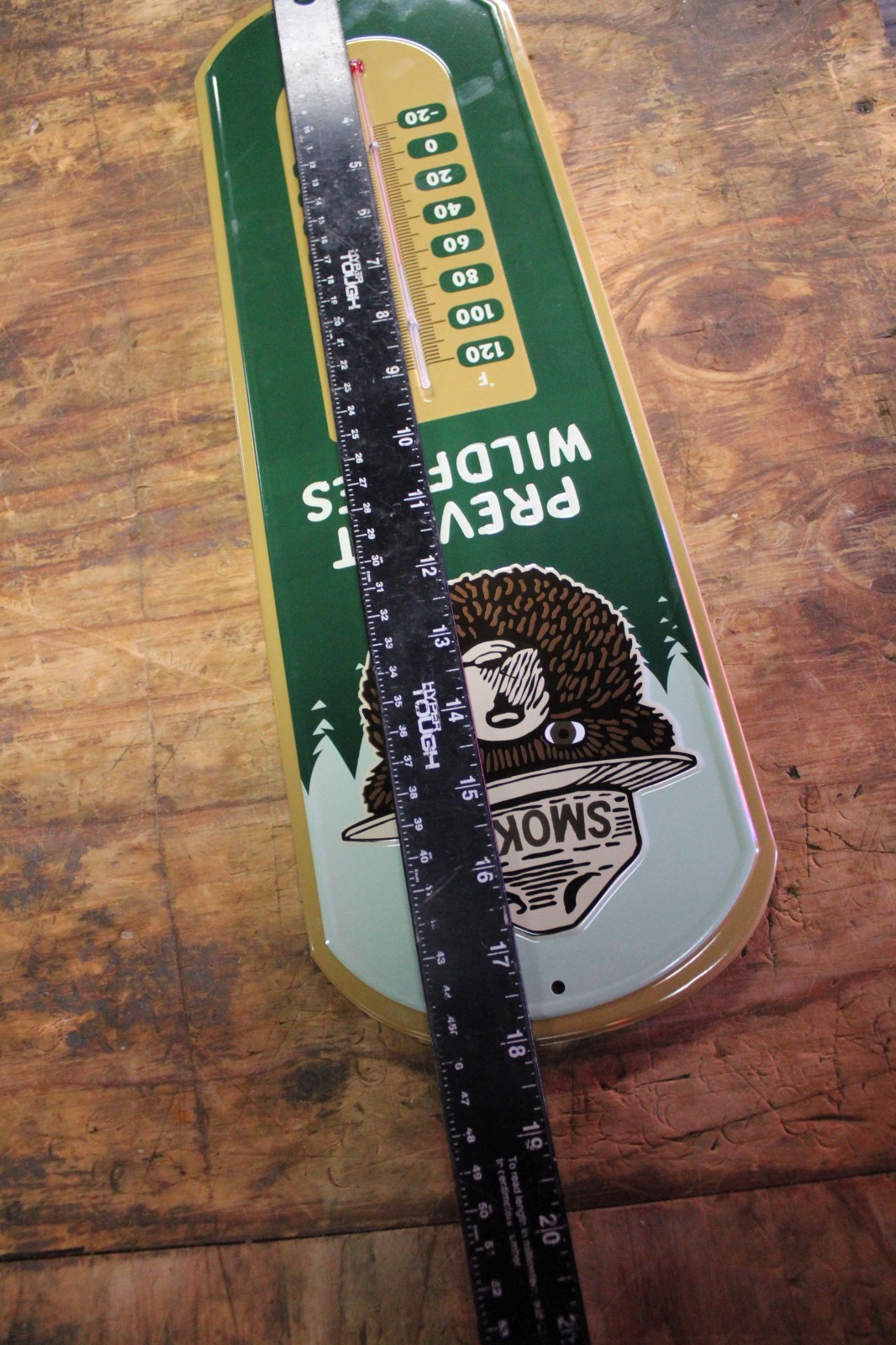 RARE US FOREST SMOKEY BEAR PREVENT FIRES EMBOSSED PAINTED METAL THERMOMETER SIGN