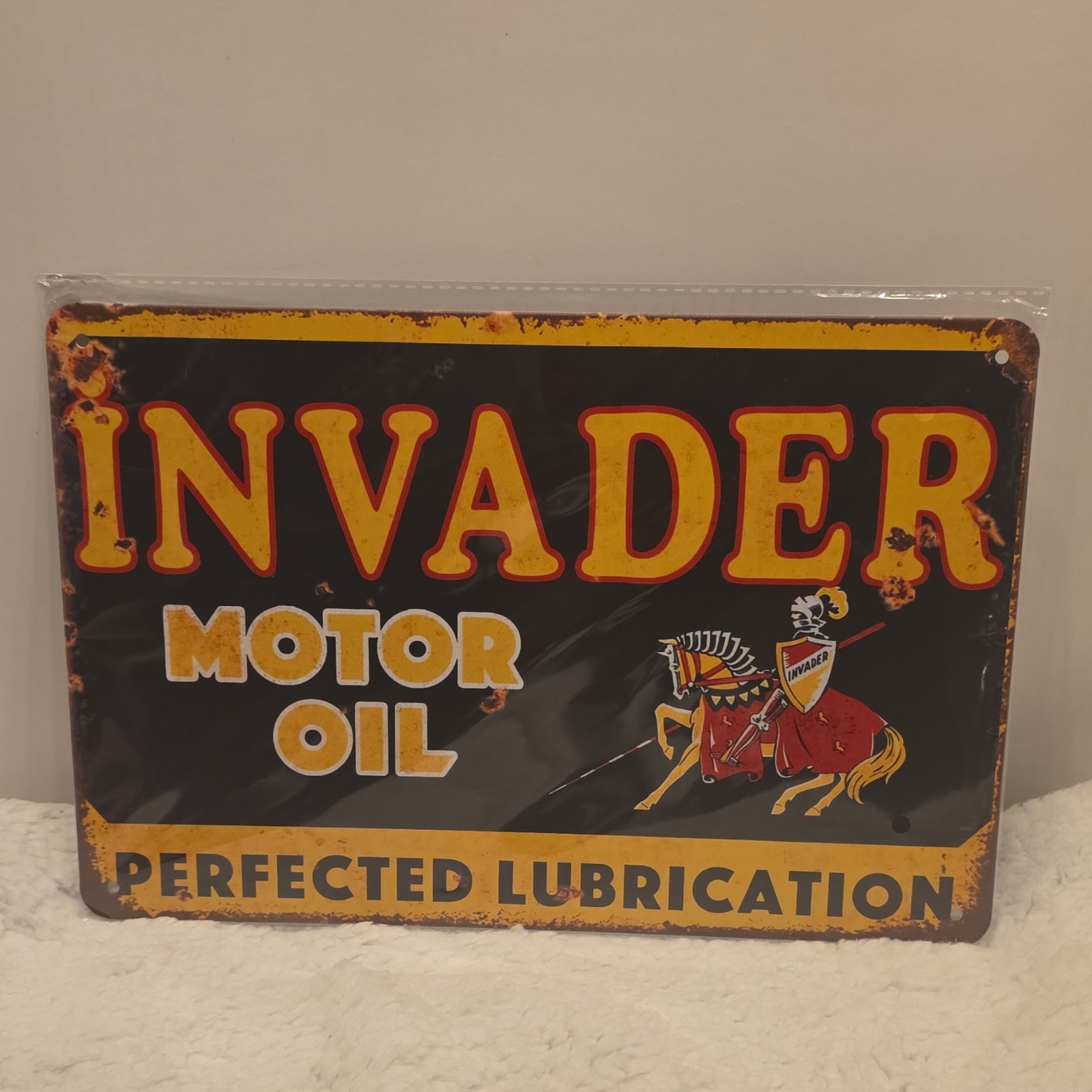 Invader Motor Oil Perfected Lubrication Advertising Sign Black Yellow Red