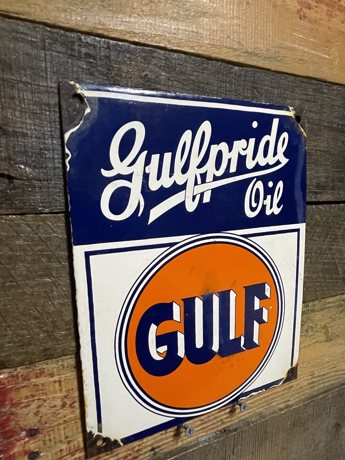 VINTAGE GULF PORCELAIN SIGN GULFPRIDE MOTOR OIL PLACARD GASOLINE GAS STATION