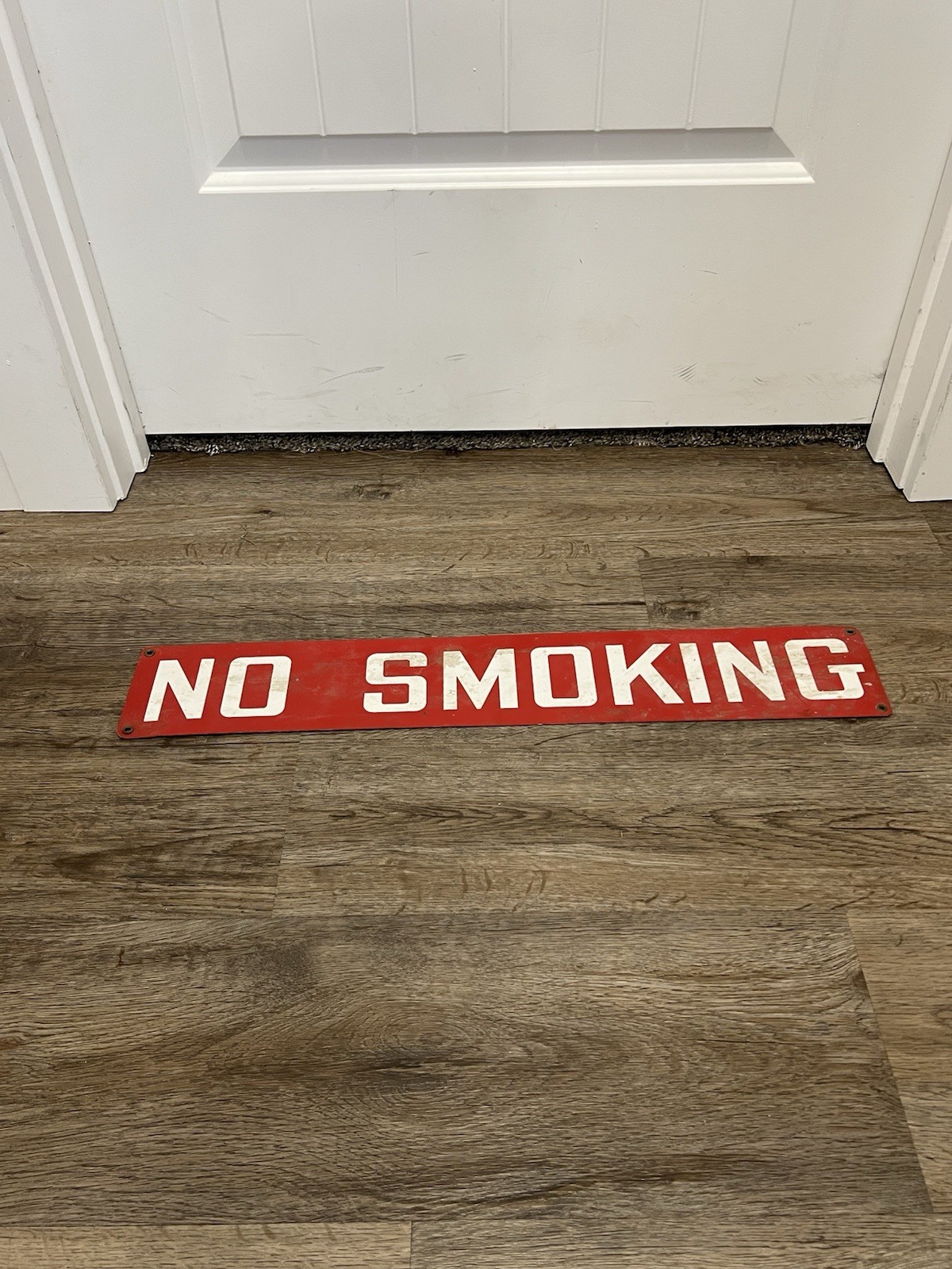 Vintage Enamel Porcelain NO SMOKING SIGN Red & White Oil Gas Station 24”x4”