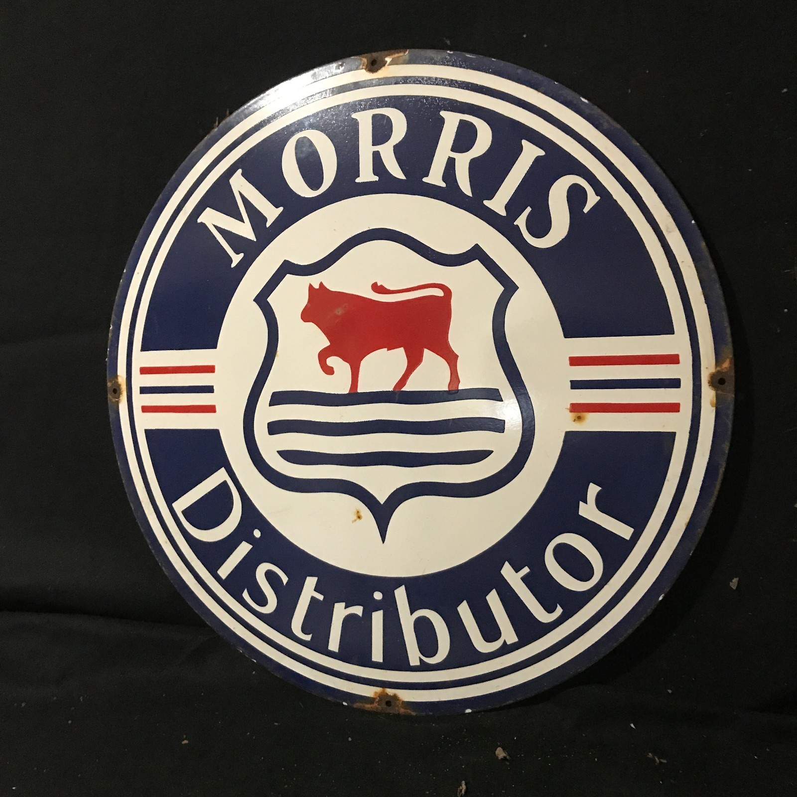 MORRIS DISTRIBUTOR GASOLINE ADVERTISING PORCELAIN ENAMEL SIGN 30 IN ROUND SS