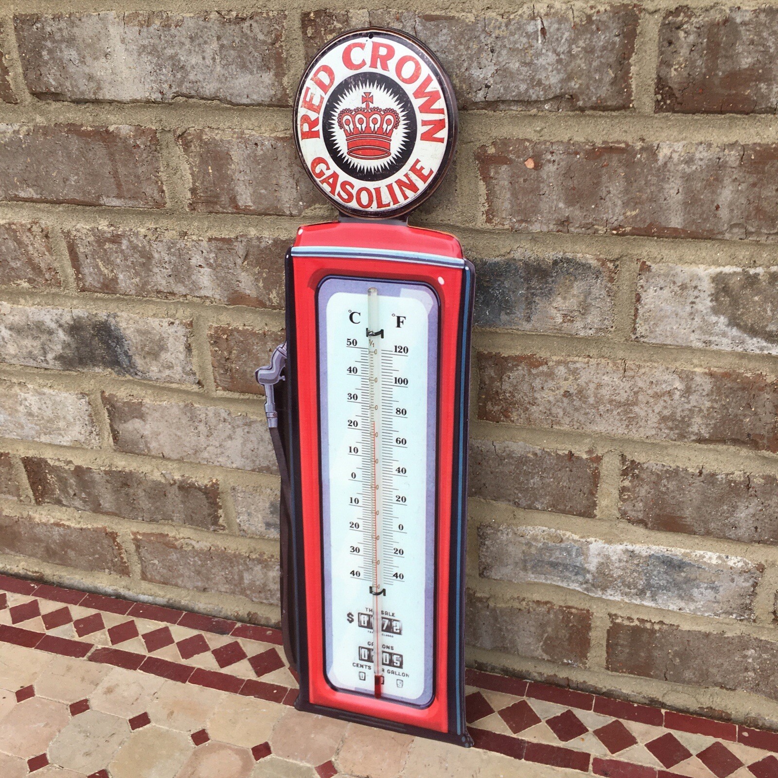 Old Crown Gasoline Vintage Antique Style Thermometer Glass Wall Art Garage Pump