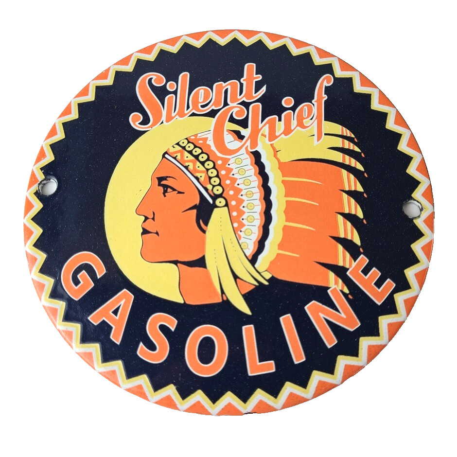 Vintage Silent Chief Gasoline Sign – Gas Service Station Pump Porcelain Sign